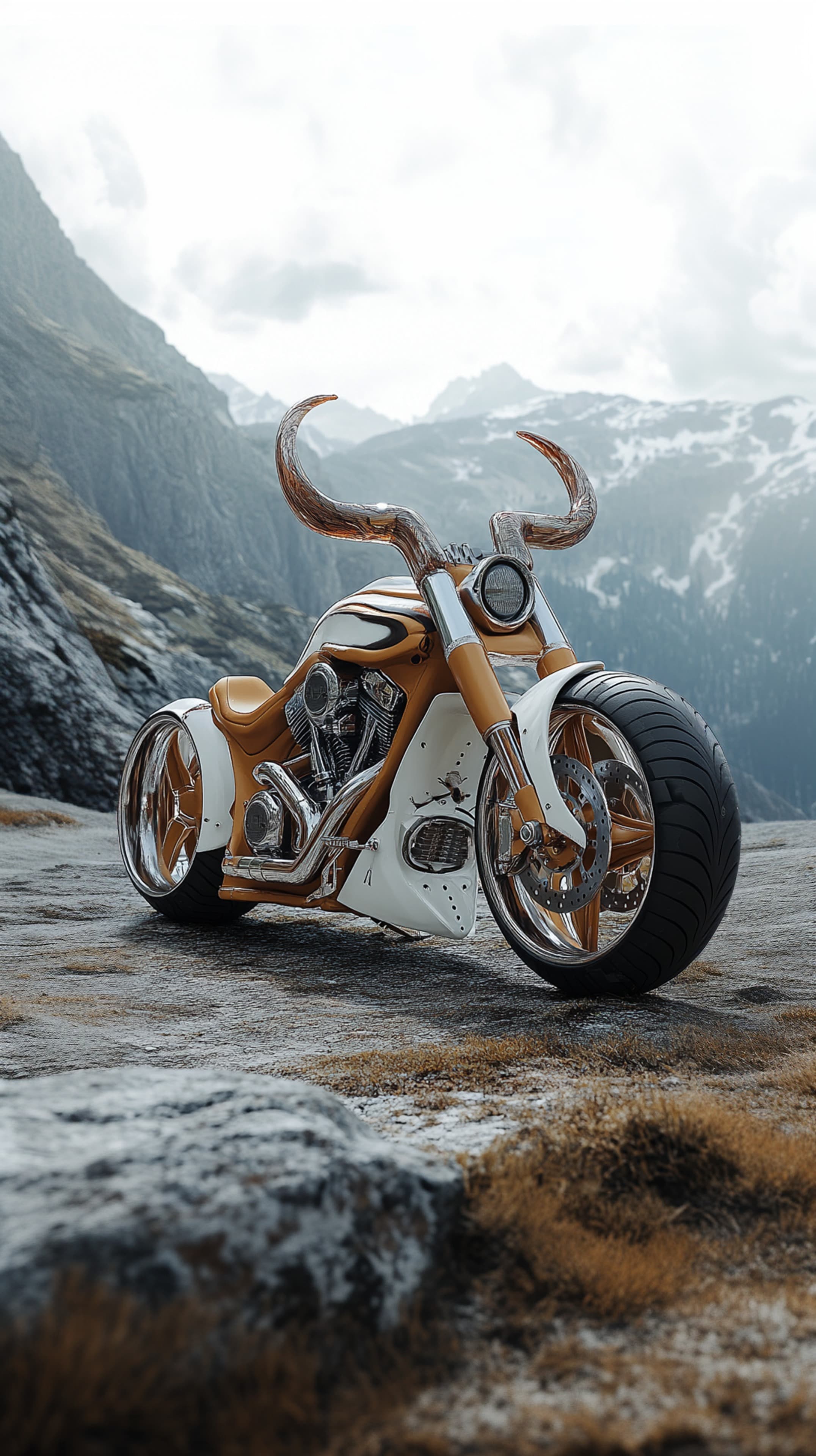 Golden custom motorcycle in alpine landscape wallpaper - High Resolution motorcycle Wallpaper for Mobile and Desktop