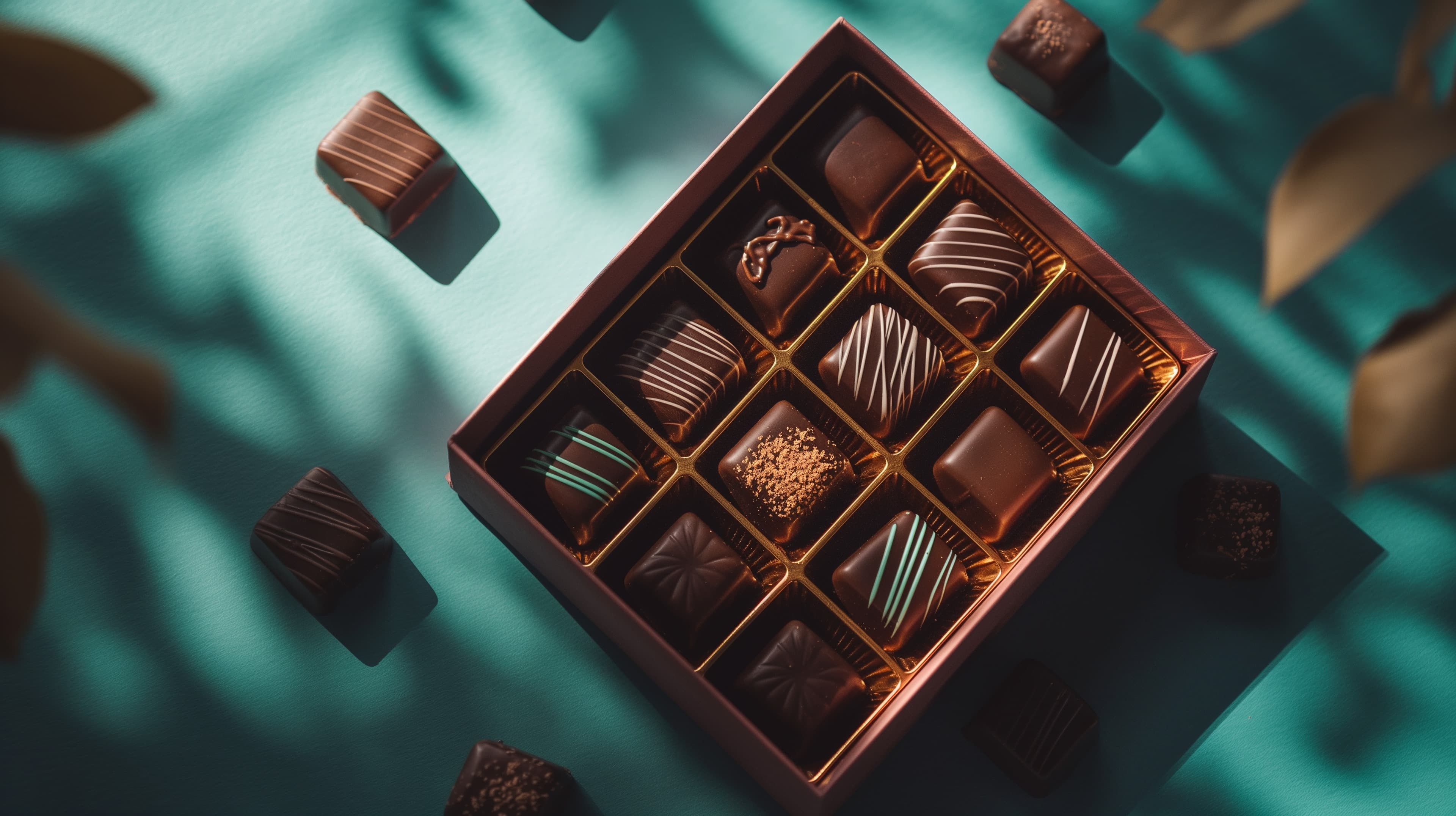Artful chocolate truffles in a velvet gift box on teal - High Resolution assorted-chocolates Wallpaper for Mobile and Desktop
