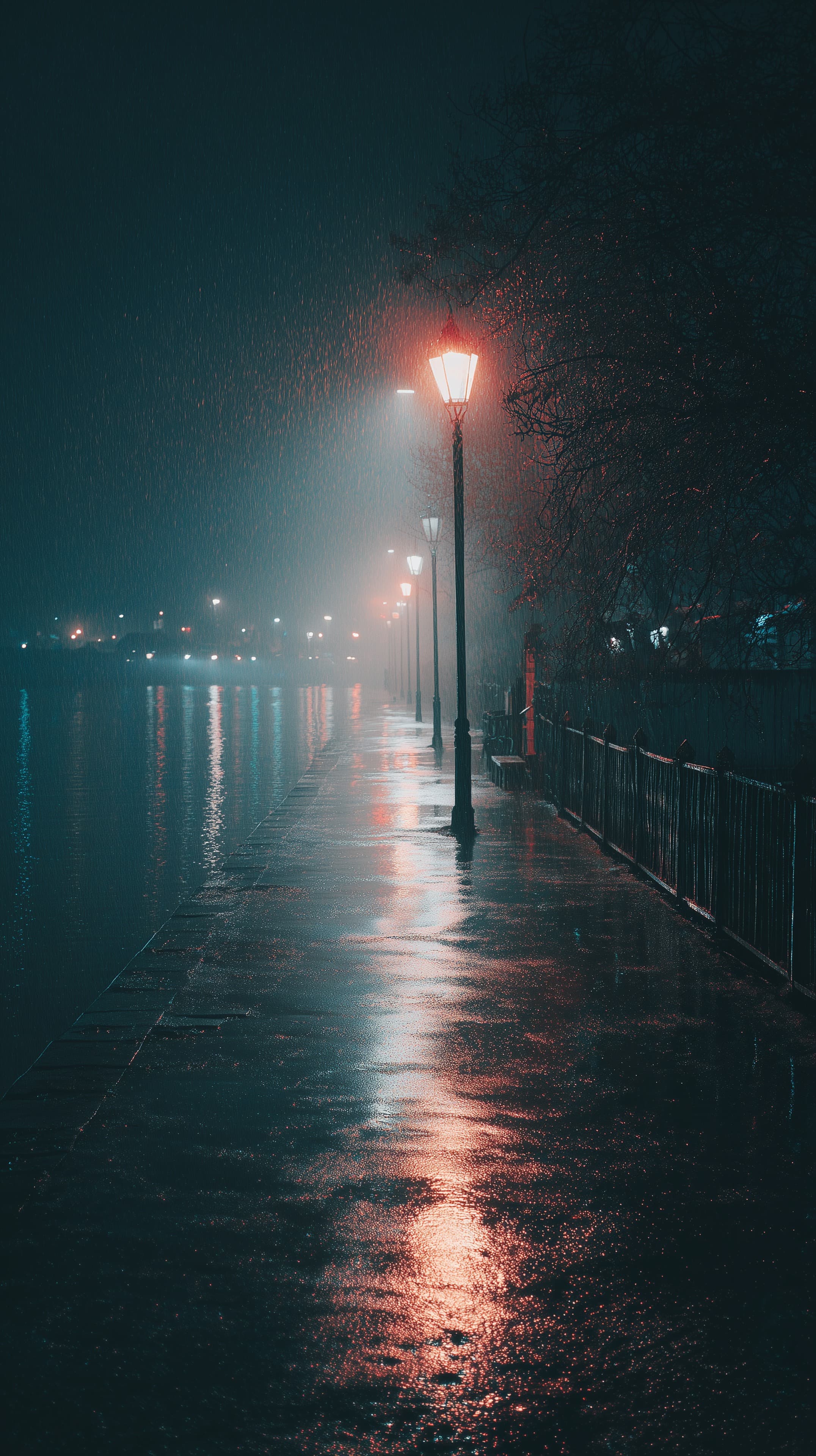 Night Rain on Waterfront Promenade with Glowing Street Lamps - High Resolution cinematic Wallpaper for Mobile and Desktop