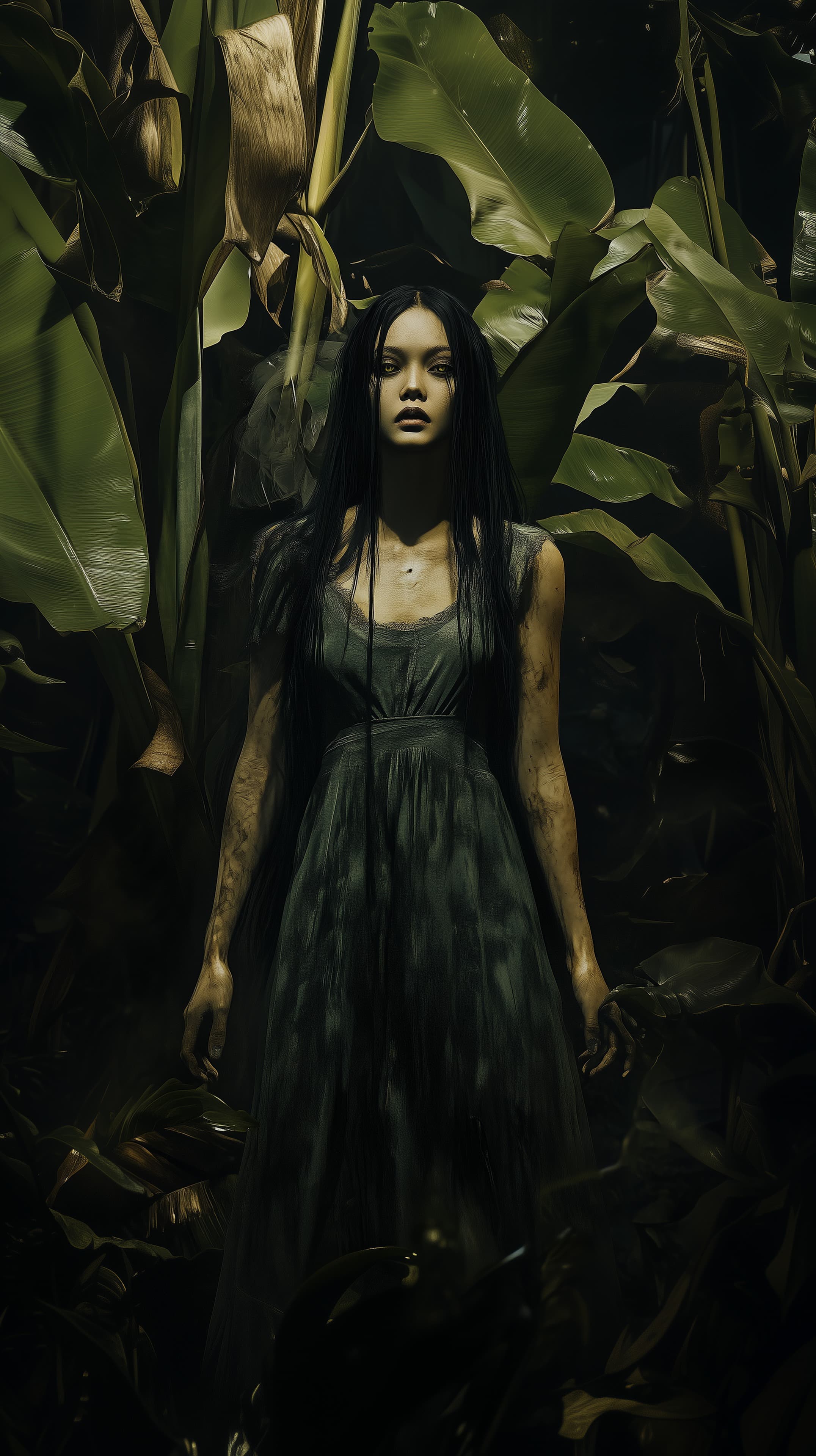 Mystical Dark Forest Portrait Amid Dense Green Jungle Leaves - High Resolution dark-dress Wallpaper for Mobile and Desktop