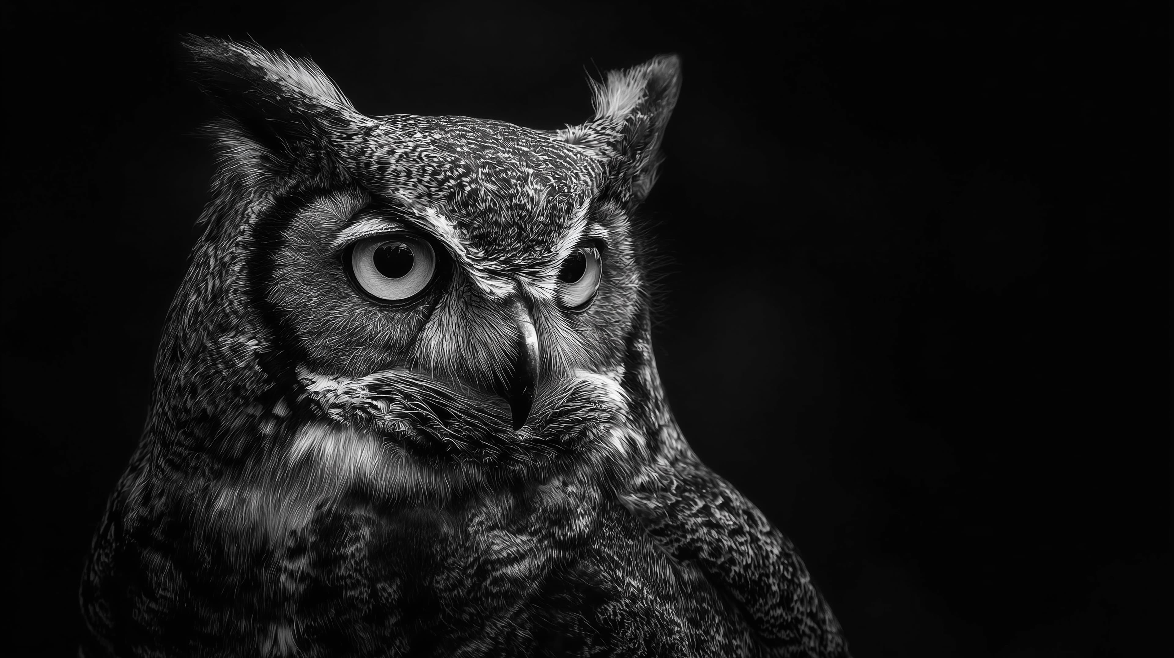Monochrome Owl Portrait Wallpaper - dramatic close-up - High Resolution owl Wallpaper for Mobile and Desktop