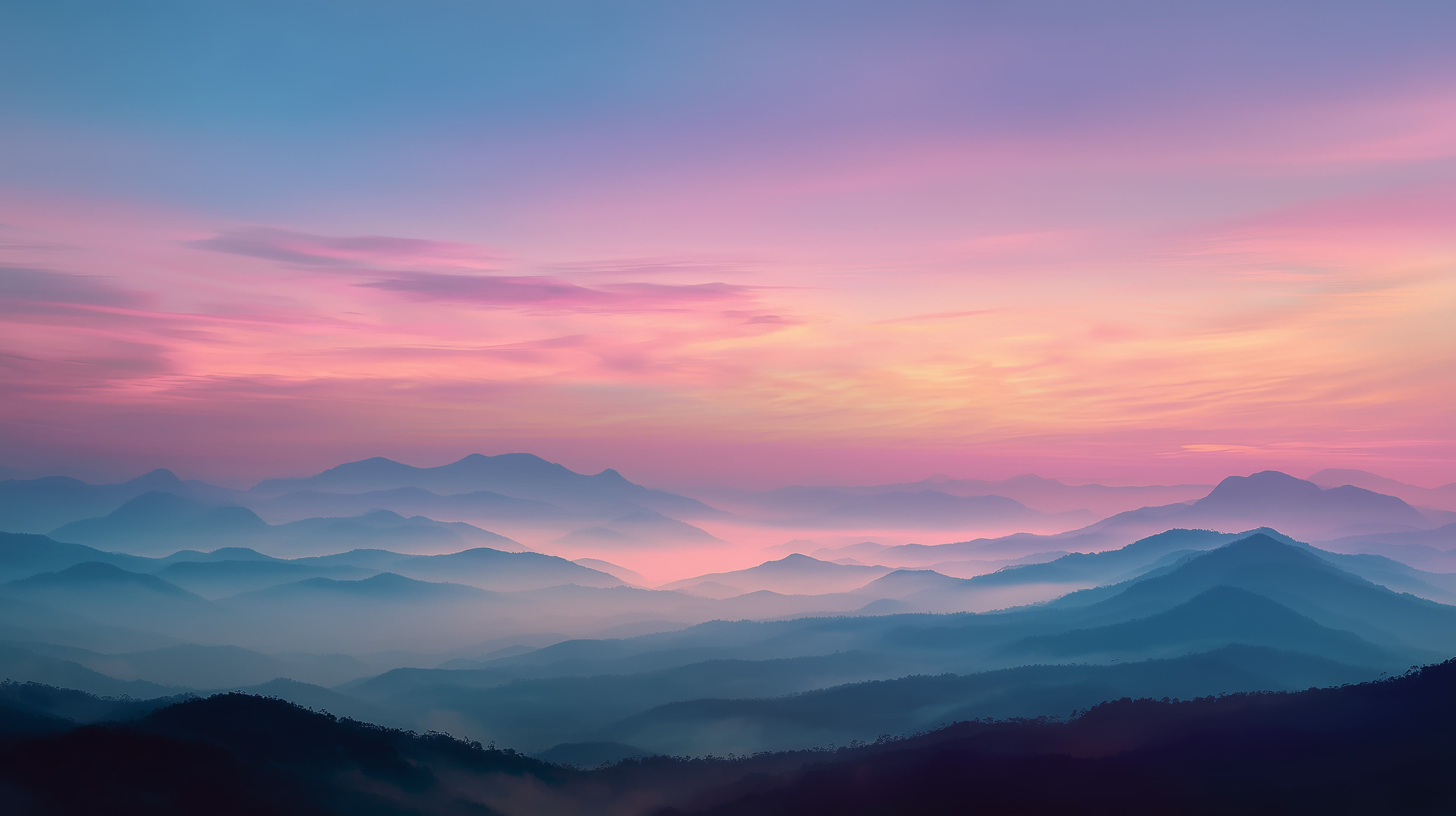 Pastel Mountain Sunrise: Soft Haze of Pink and Blue Horizons - High Resolution pastel Wallpaper for Mobile and Desktop