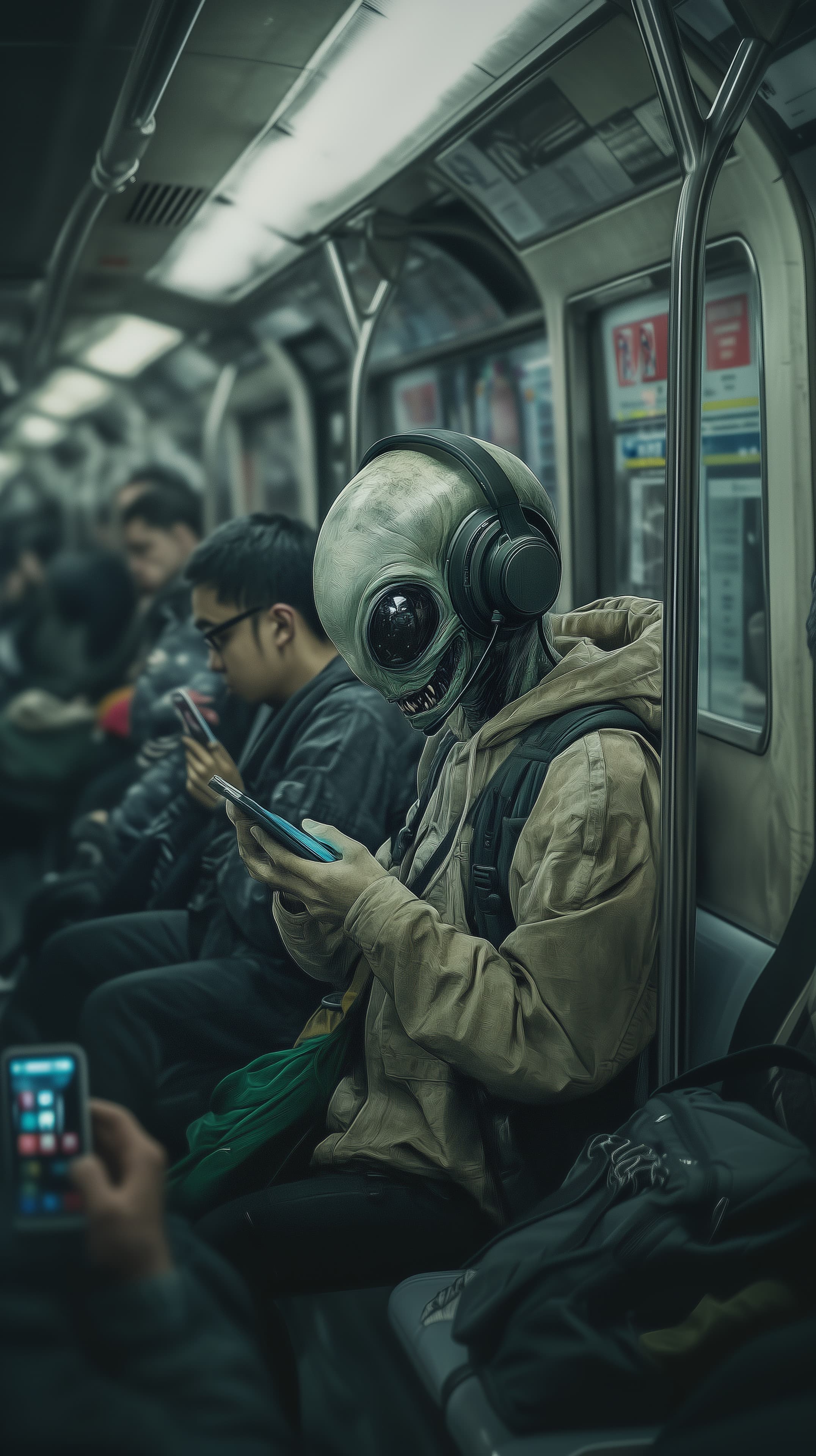 Futuristic Alien on Subway with Headphones and Smartphone - High Resolution alien Wallpaper for Mobile and Desktop
