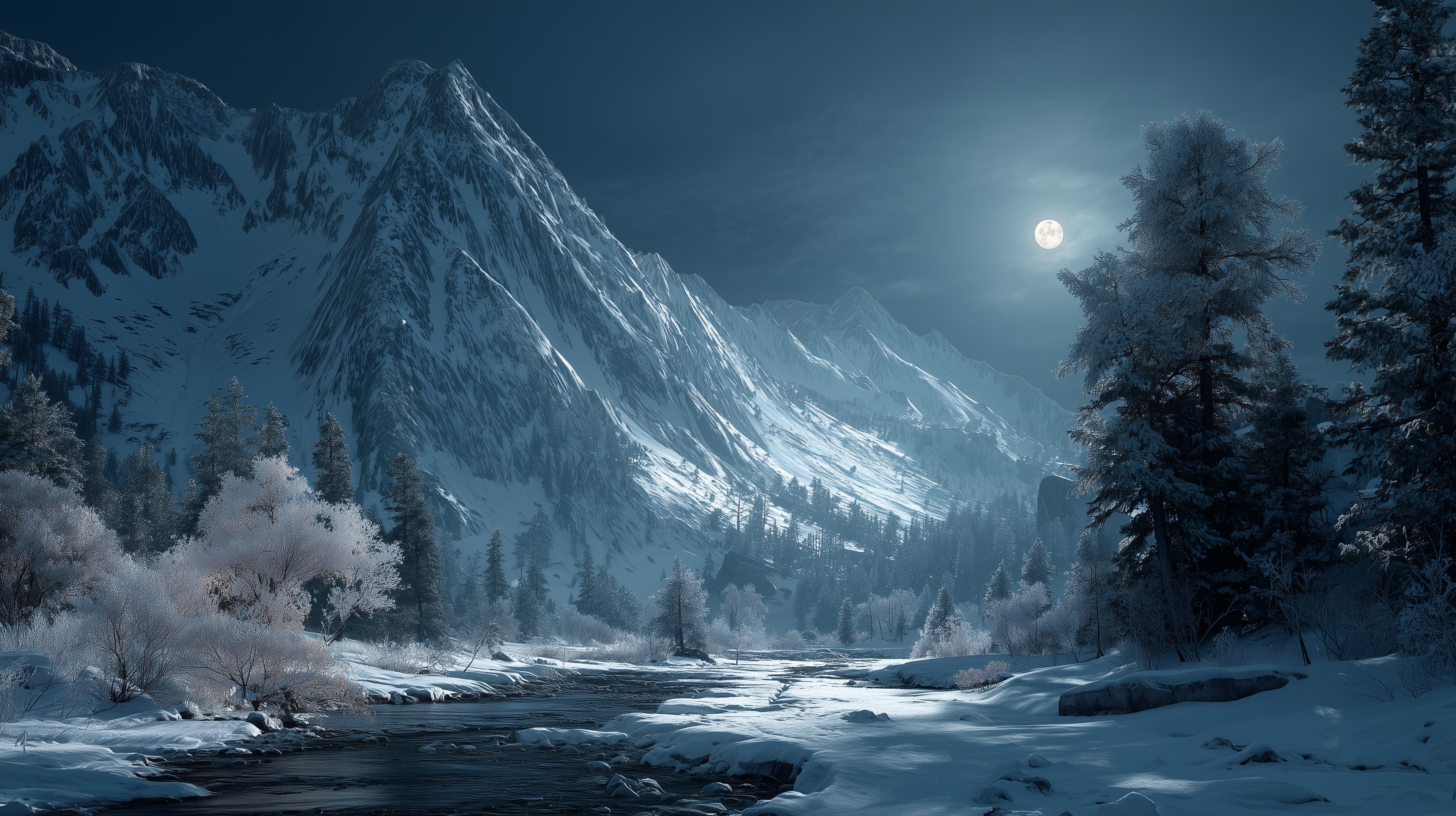 Moonlit Winter Peak Landscape Wallpaper: Snowy Pines and River - High Resolution alpine-landscape Wallpaper for Mobile and Desktop