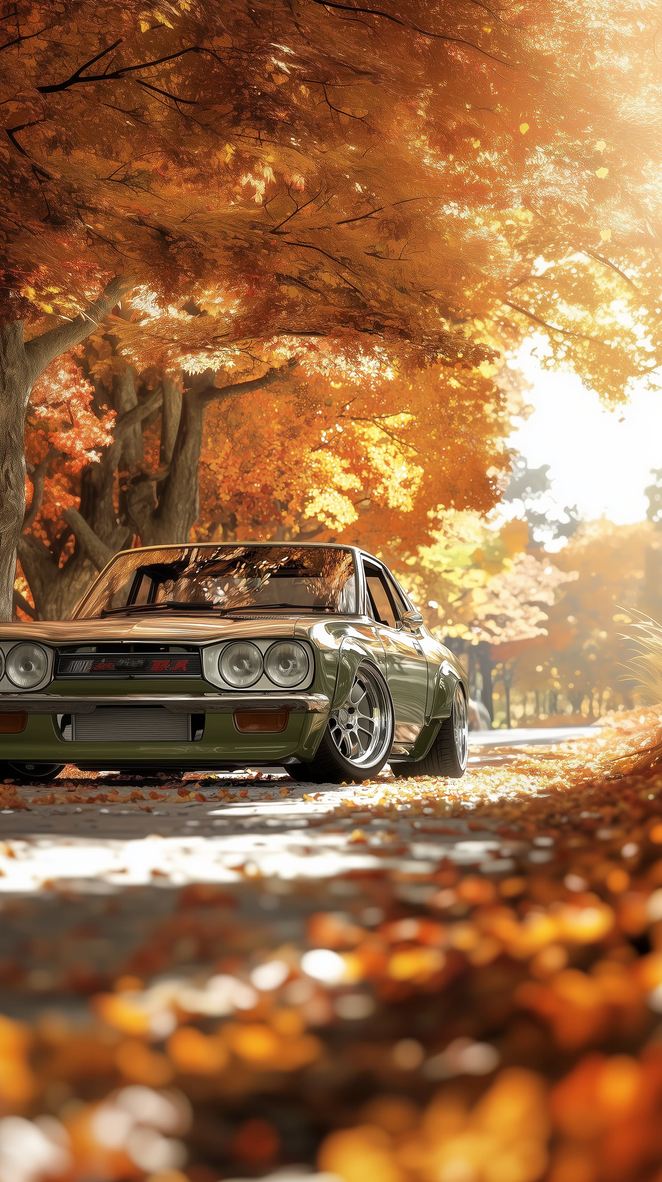 Autumn Drive: Classic Car on a Scenic Golden Foliage Road - High Resolution autumn Wallpaper for Mobile and Desktop
