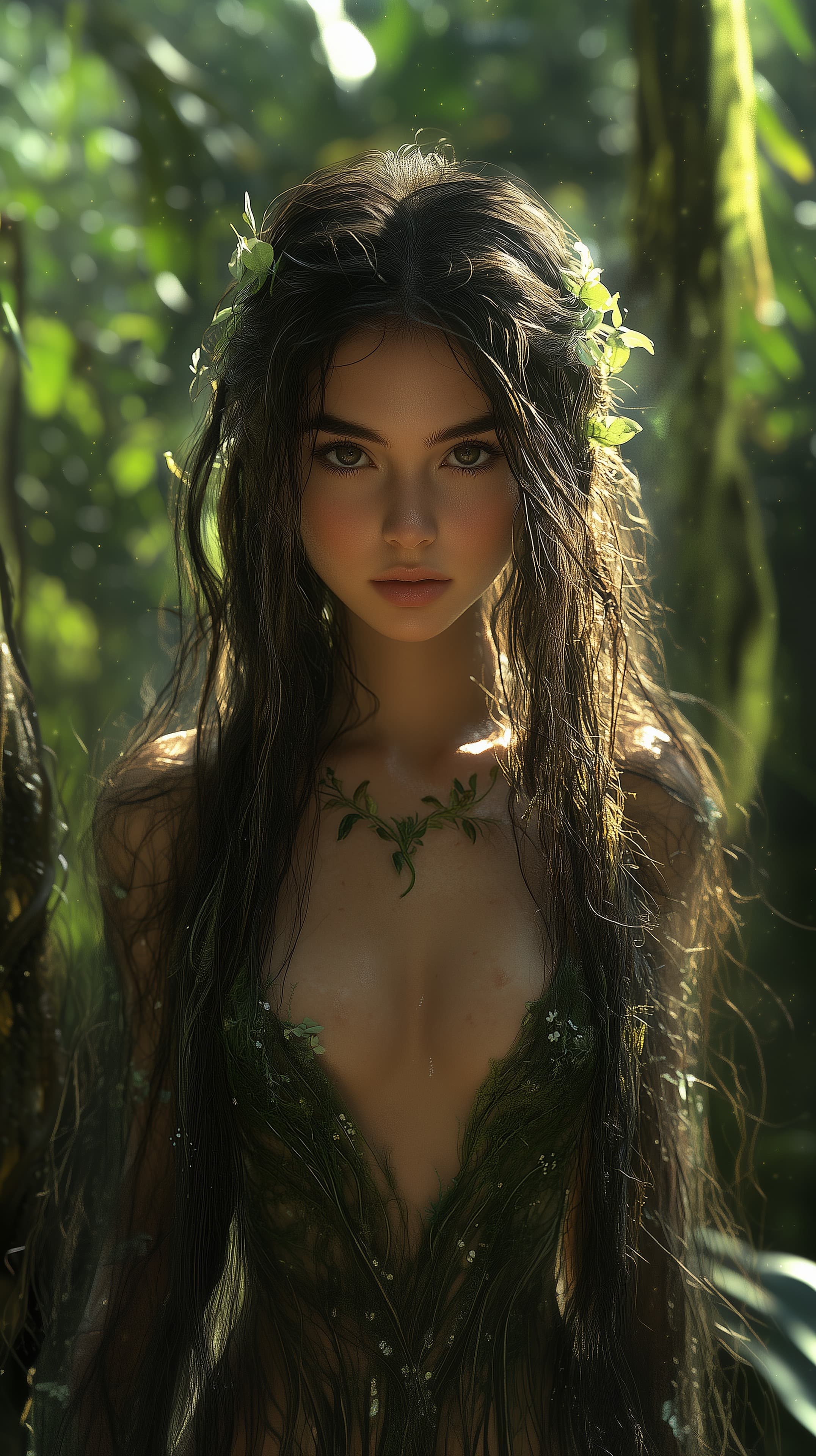 Ethereal Forest Maiden Portrait in Sunlit Green Glade - High Resolution ethereal-portrait Wallpaper for Mobile and Desktop