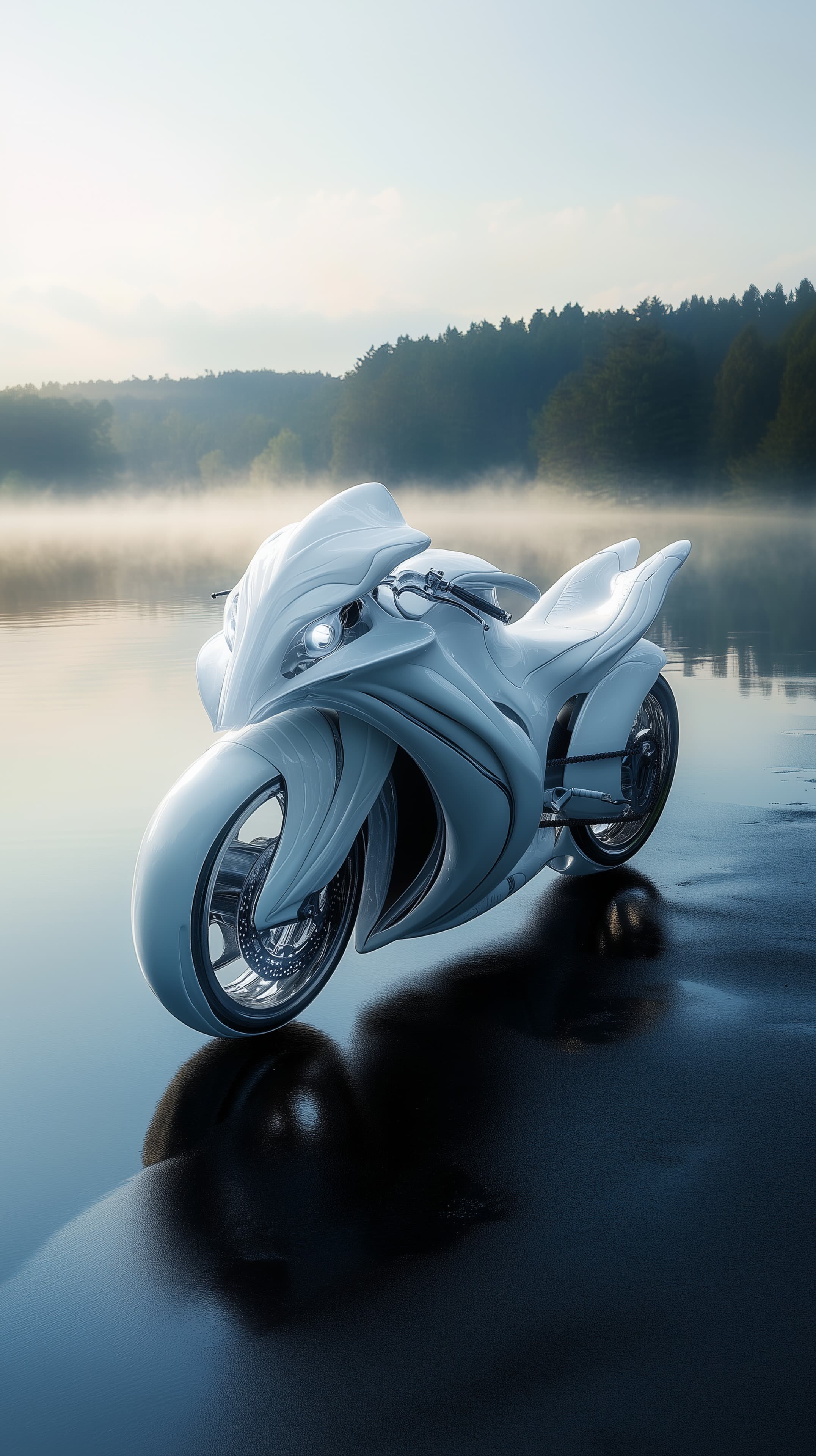 Futuristic White Motorcycle on Misty Lake Reflection - High Resolution blue-tones Wallpaper for Mobile and Desktop
