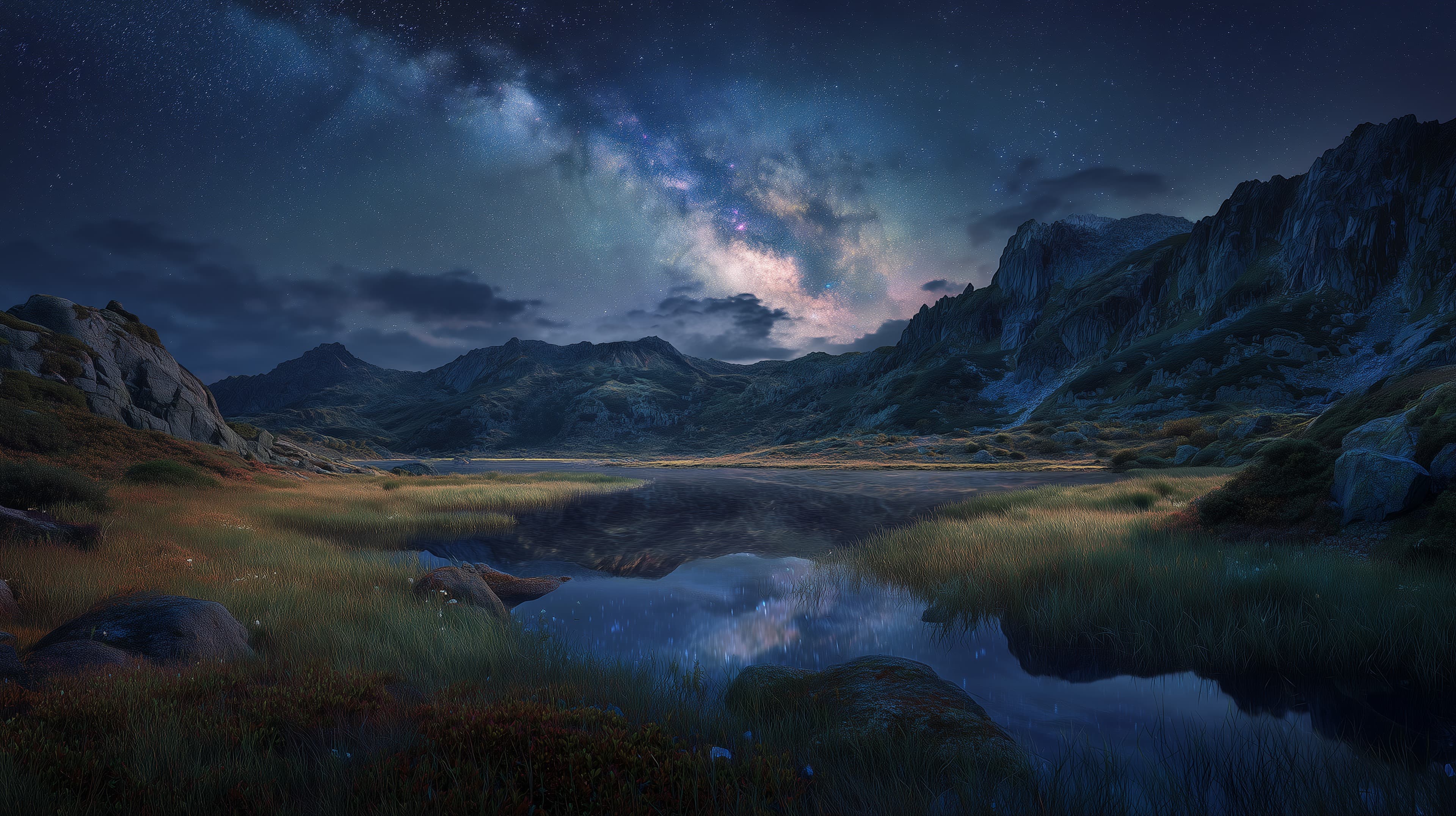 Milky Way Night Sky Over Mountain Lake - Dreamy Landscape Wallpaper - High Resolution blue-tones Wallpaper for Mobile and Desktop