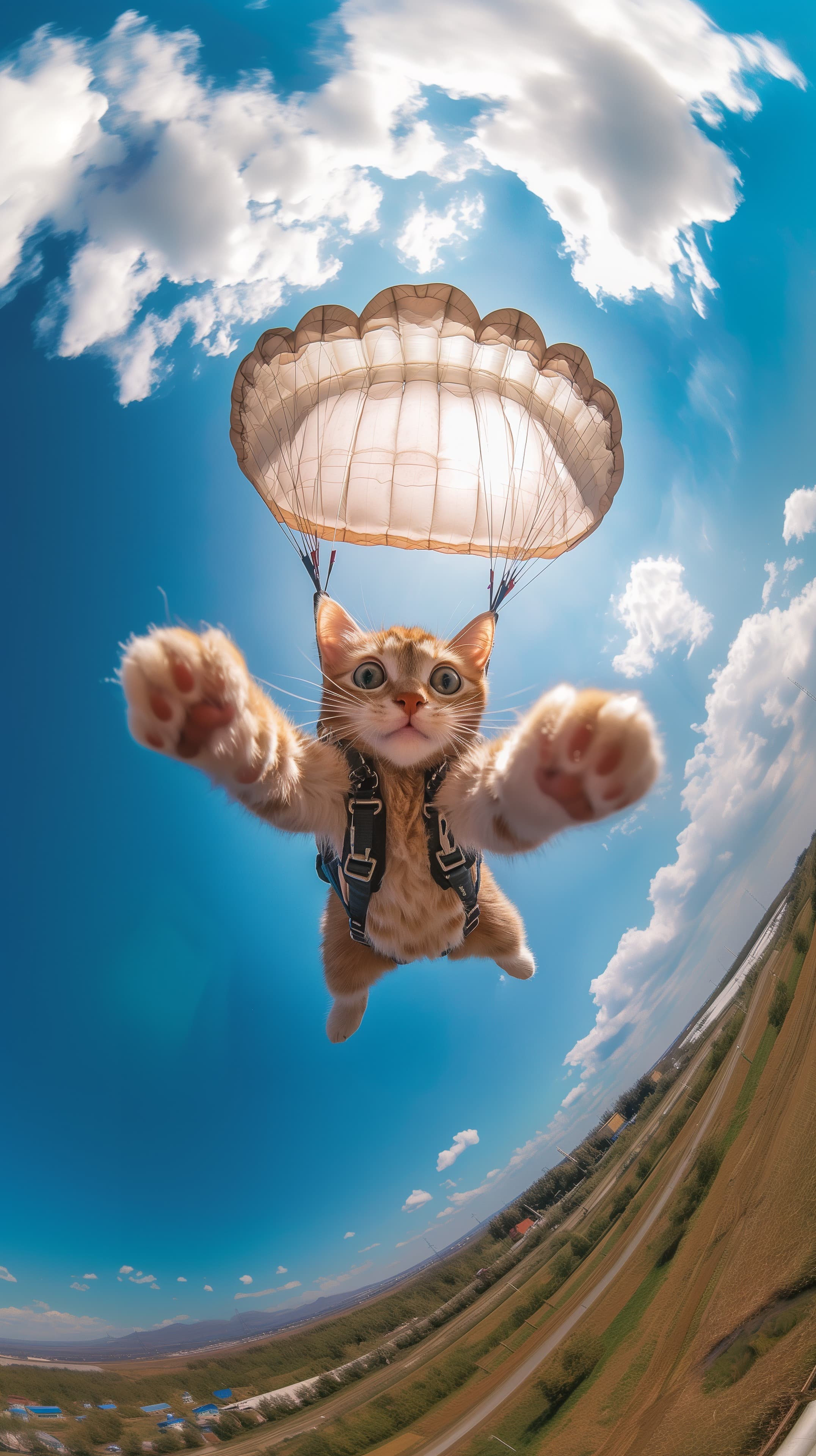 Adorable Cat Skydiving Wallpaper with Parachute in Sky - High Resolution adventure Wallpaper for Mobile and Desktop