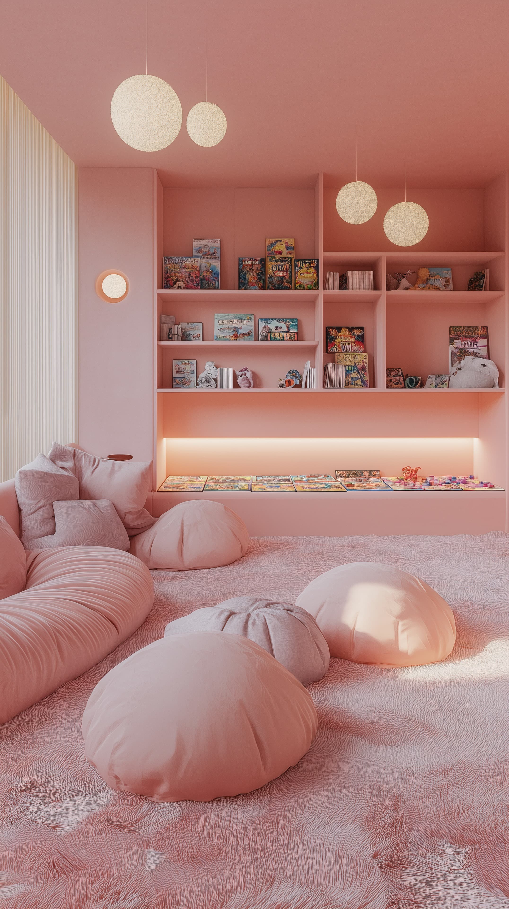 Dreamy Pink Reading Nook: Plush Seating & Soft Lighting - High Resolution cozy-corner Wallpaper for Mobile and Desktop