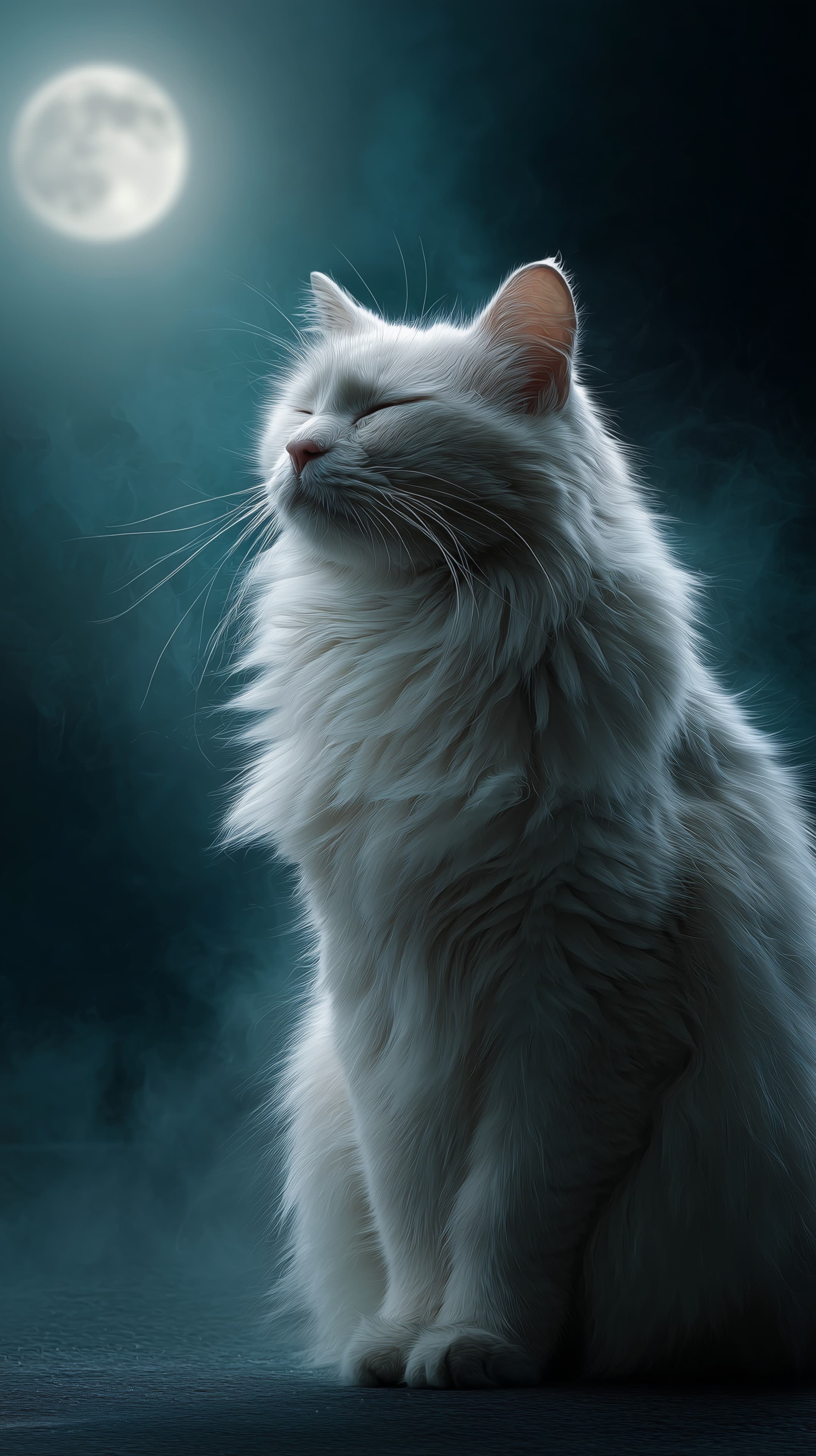 Moonlit White Cat Portrait - Tranquil Night Sky wallpaper - High Resolution blue-night Wallpaper for Mobile and Desktop