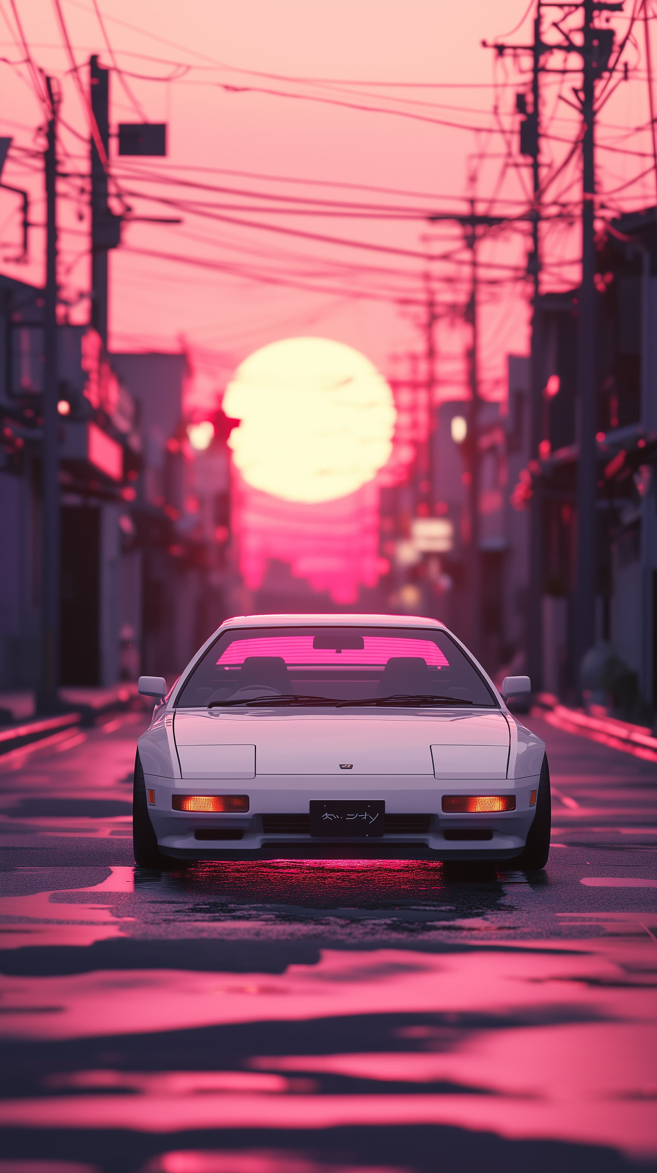 Neon Sunset City Car - White Retro Sports Coupe at Dusk - High Resolution car Wallpaper for Mobile and Desktop