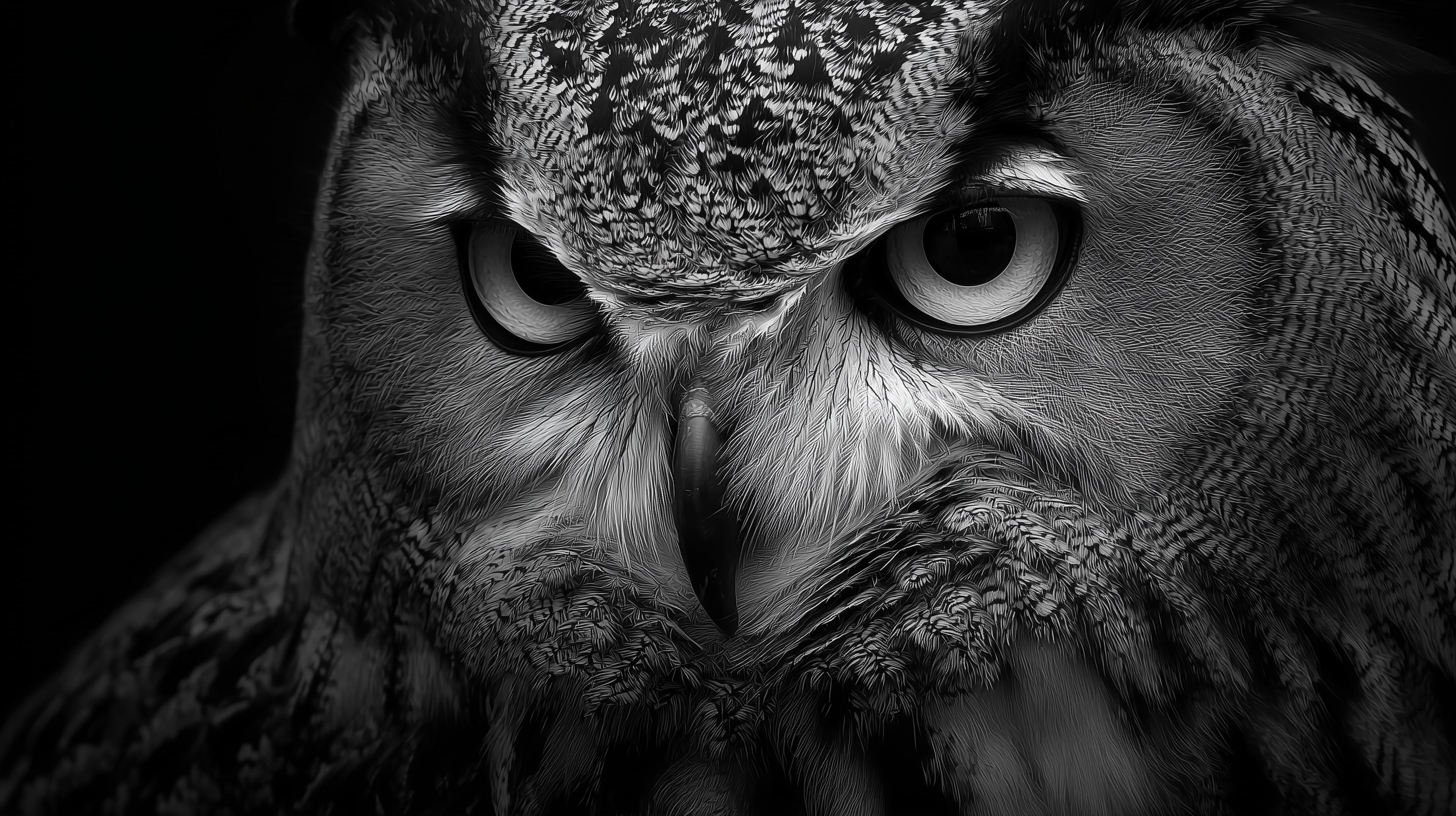 Monochrome Owl Portrait - Dramatic Close-Up Wallpaper - High Resolution owl-portrait Wallpaper for Mobile and Desktop