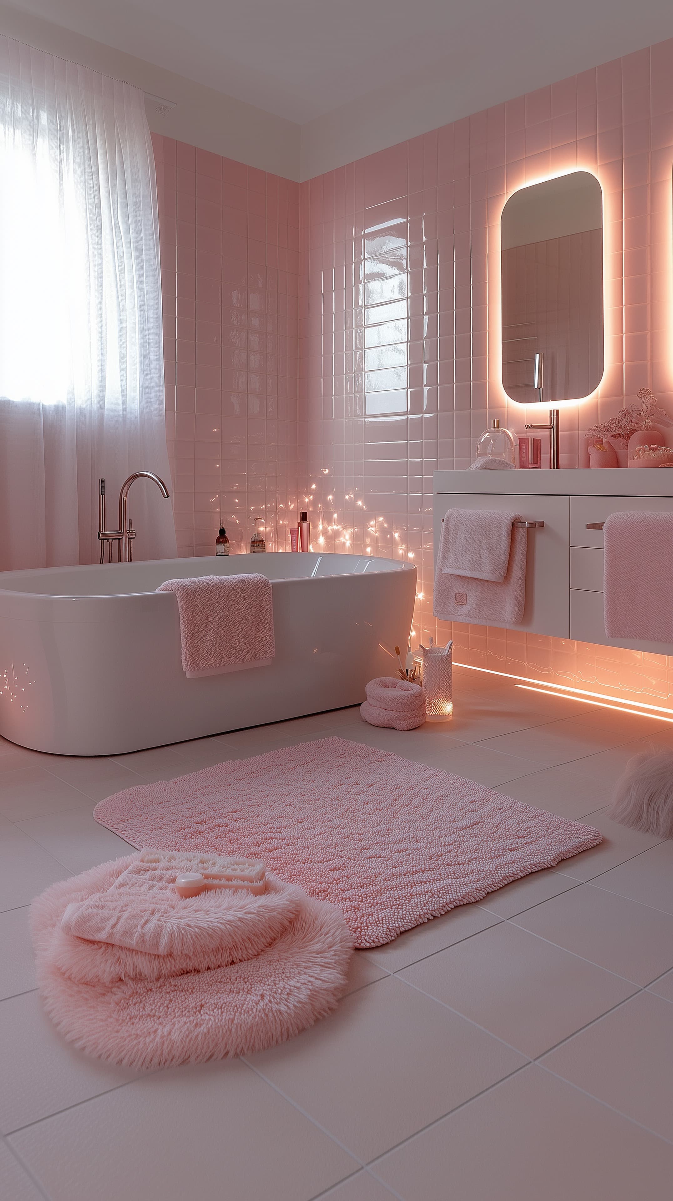 Soft Pink Spa Bathroom with Glowing Mirror and Cozy Rugs - High Resolution backlit-mirror Wallpaper for Mobile and Desktop