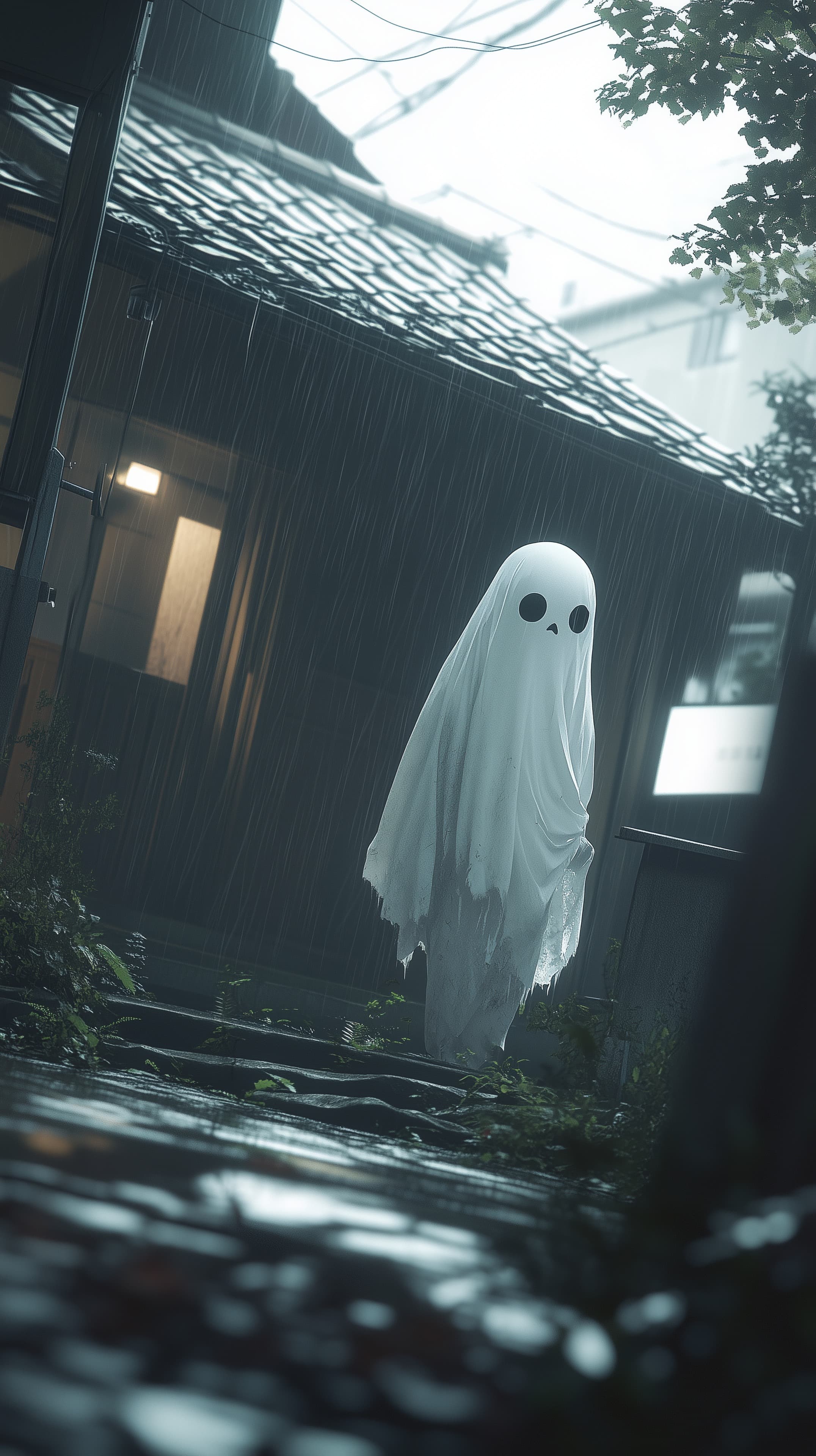Moody Rainy Alley Ghost — Ethereal White Shroud Wallpaper - High Resolution alley Wallpaper for Mobile and Desktop
