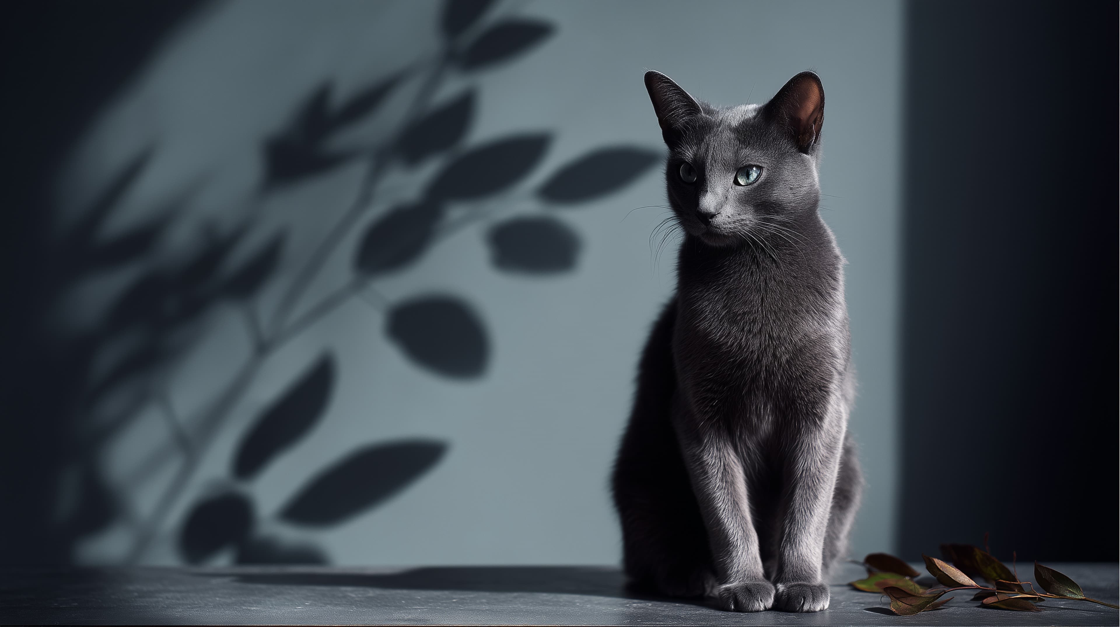 Moody Gray Cat Portrait with Leaf Shadow and Soft Lighting - High Resolution gray-cat Wallpaper for Mobile and Desktop