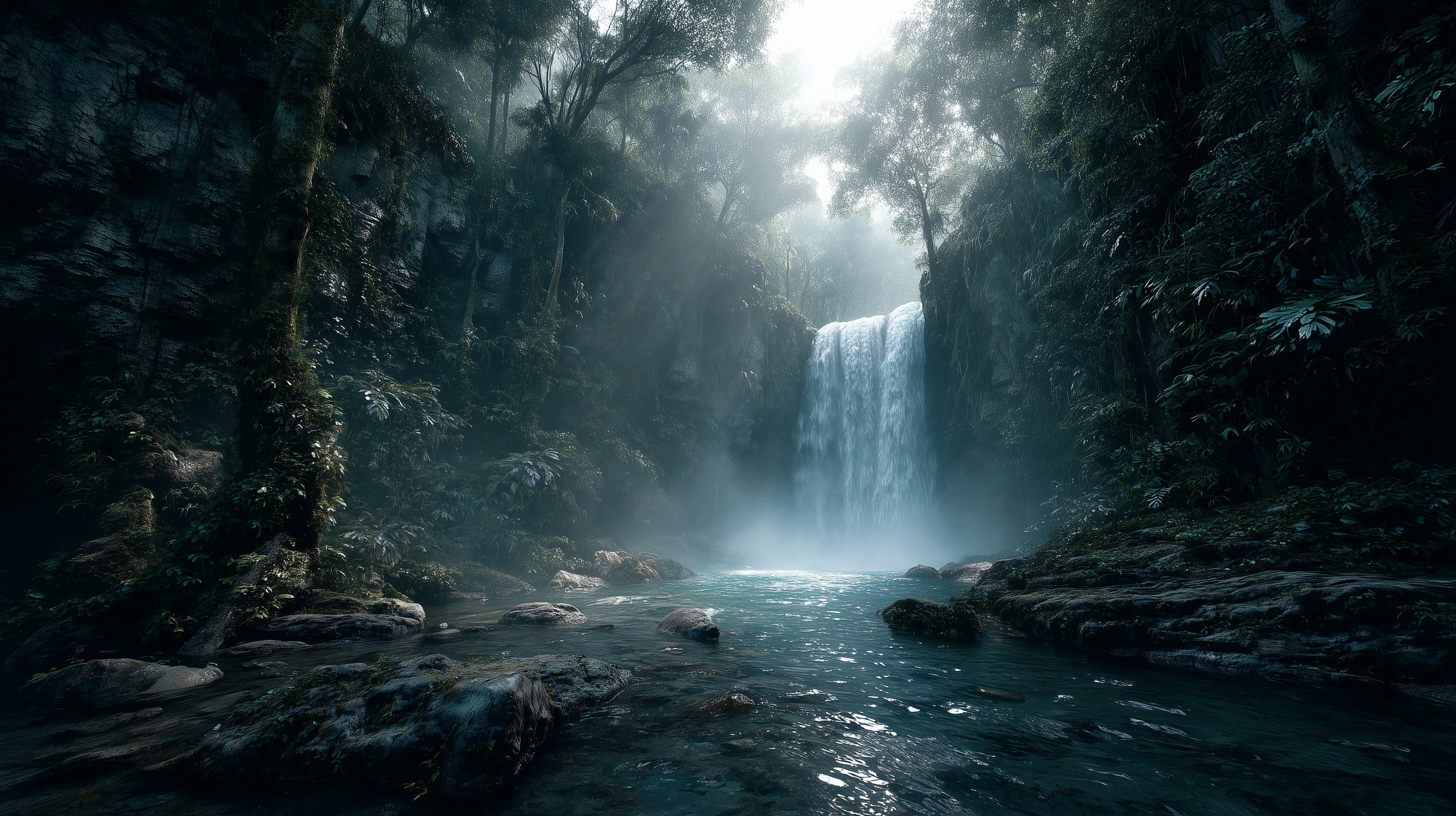 Tranquil Forest Waterfall at Dawn in Misty Jungle Realm - High Resolution forest-waterfall Wallpaper for Mobile and Desktop