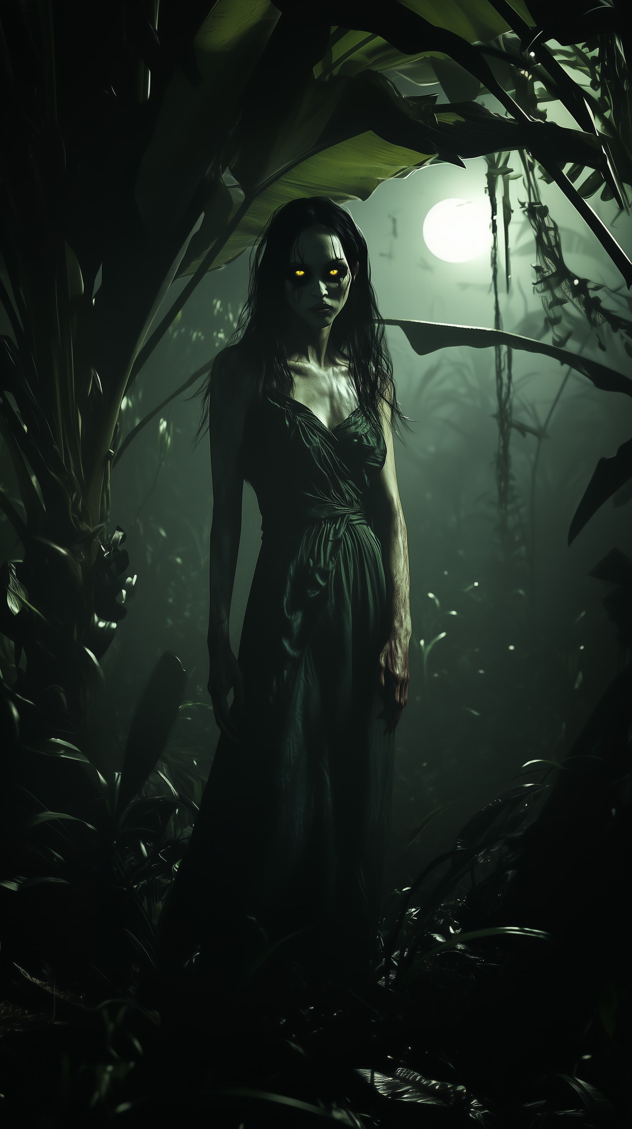 Moonlit Jungle Enchantress: Gothic Night Forest Portrait - High Resolution dark-fantasy Wallpaper for Mobile and Desktop