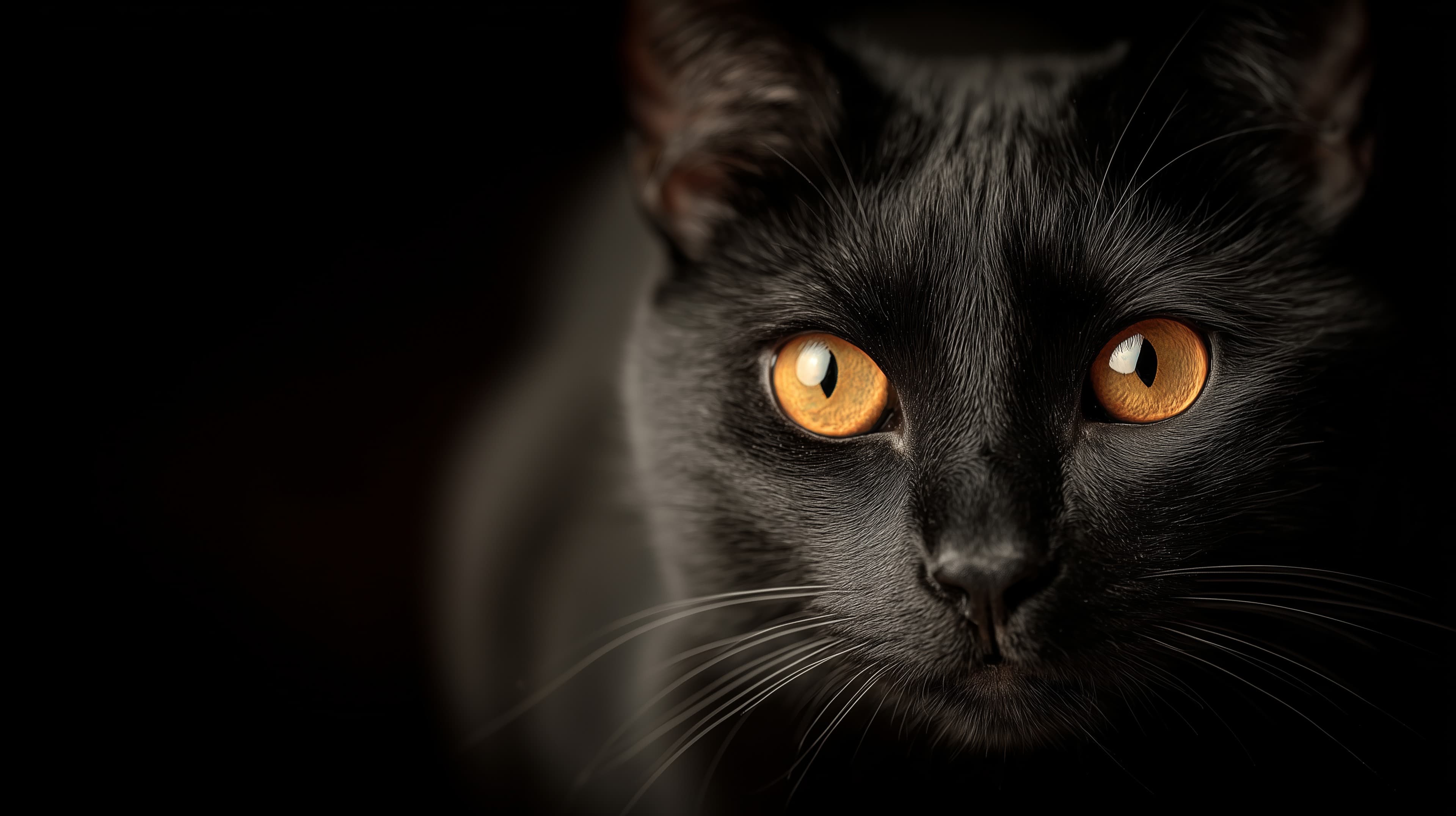 Moody black cat close-up with fiery amber eyes portrait - High Resolution black-cat Wallpaper for Mobile and Desktop