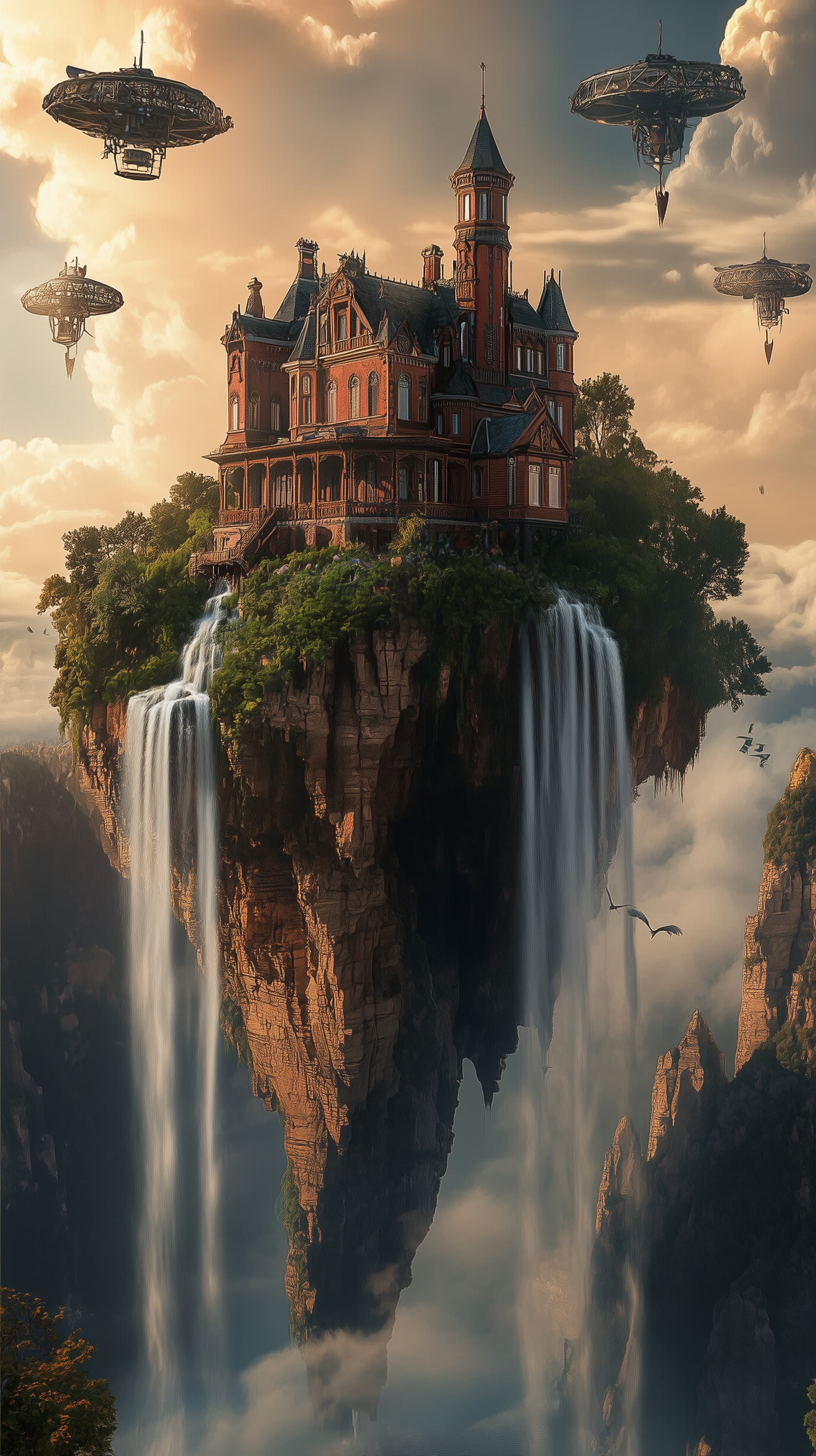 Floating Island Mansion with Cascading Waterfalls - Fantasy Wallpaper - High Resolution airships Wallpaper for Mobile and Desktop