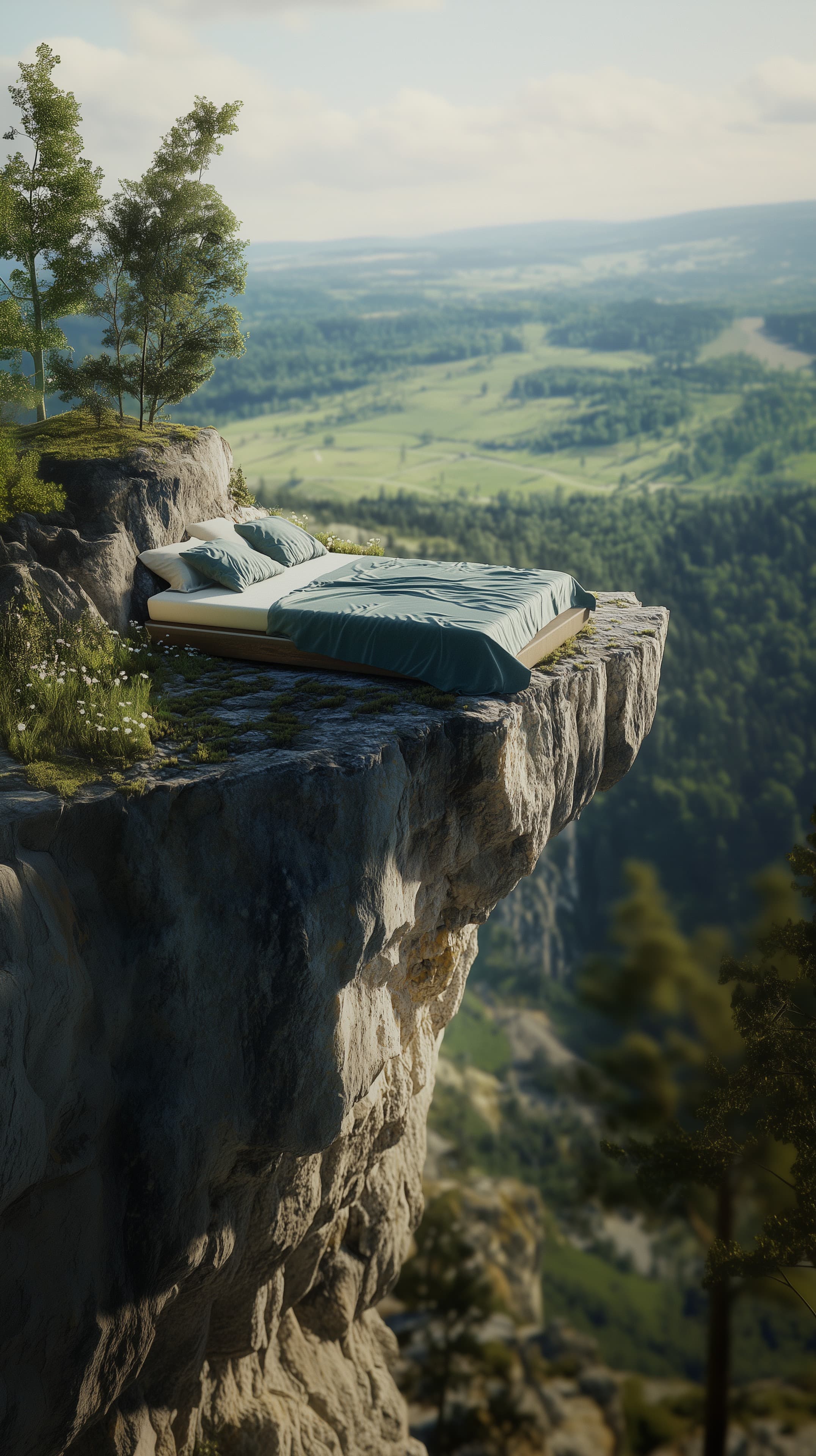 Dreamy Cliffside Bed Overlook Wallpaper in Natural Valley - High Resolution bedroom-scene Wallpaper for Mobile and Desktop