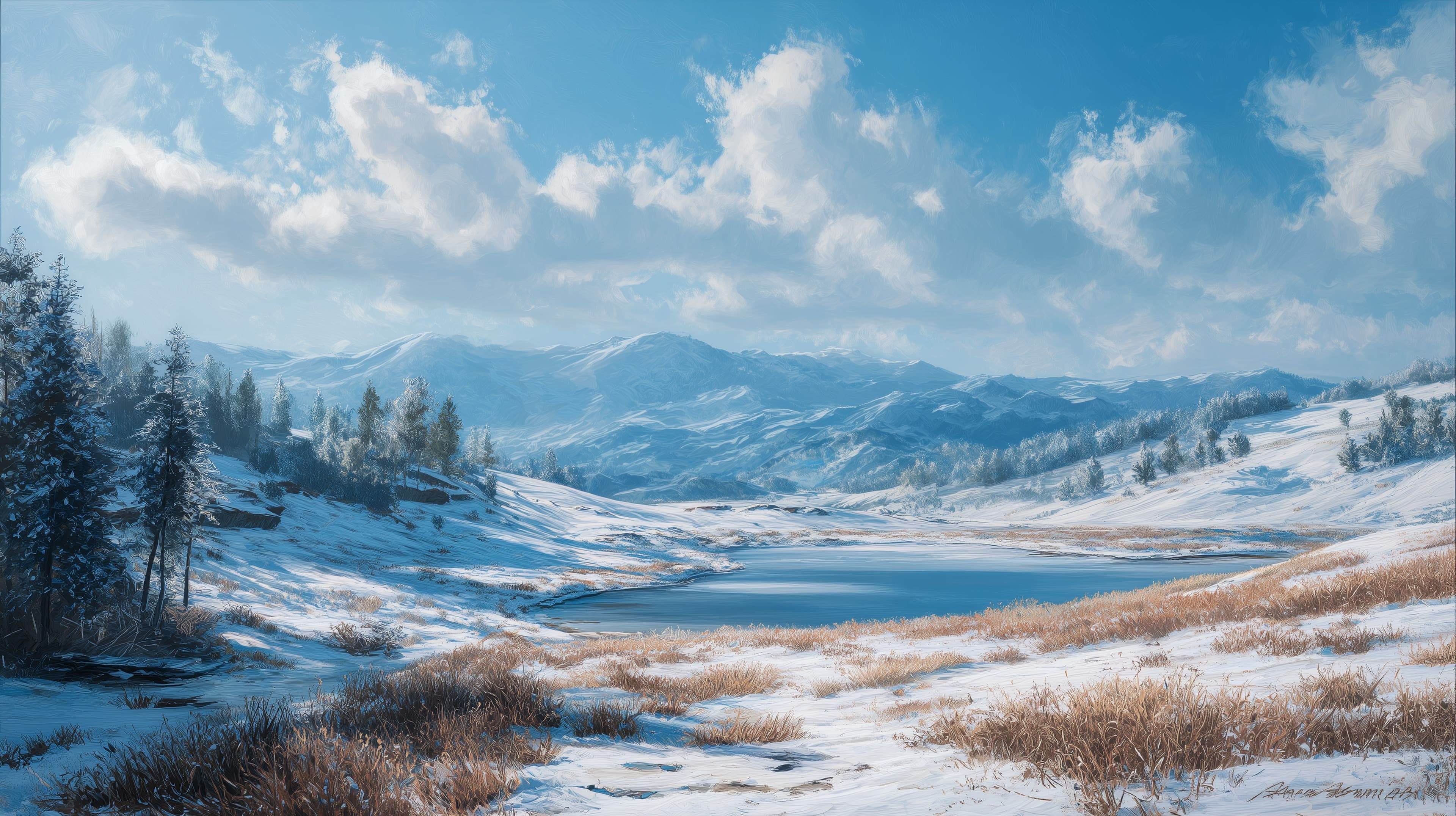 Tranquil Snowy Mountain Landscape with Lake - Winter Wallpaper - High Resolution alpine Wallpaper for Mobile and Desktop