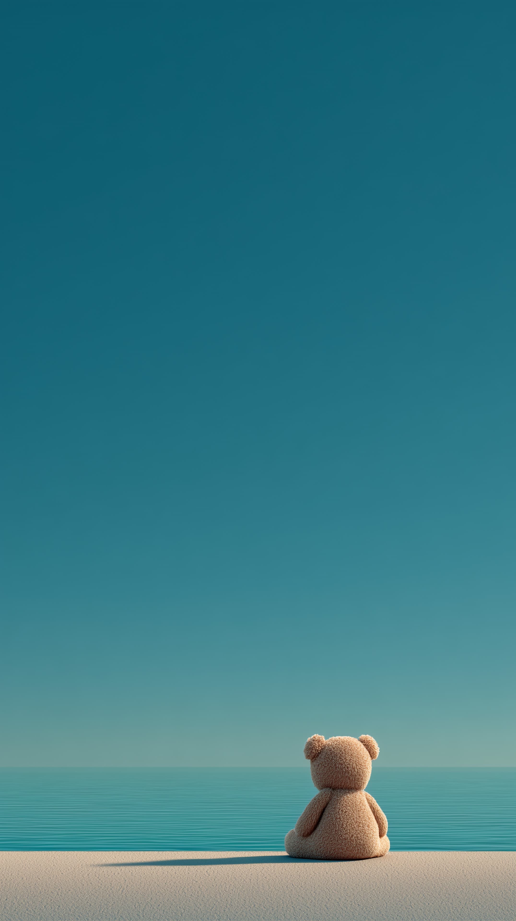 Calm Seaside Dream: Plush Bear by a Serene Ocean Horizon - High Resolution 3d-art Wallpaper for Mobile and Desktop