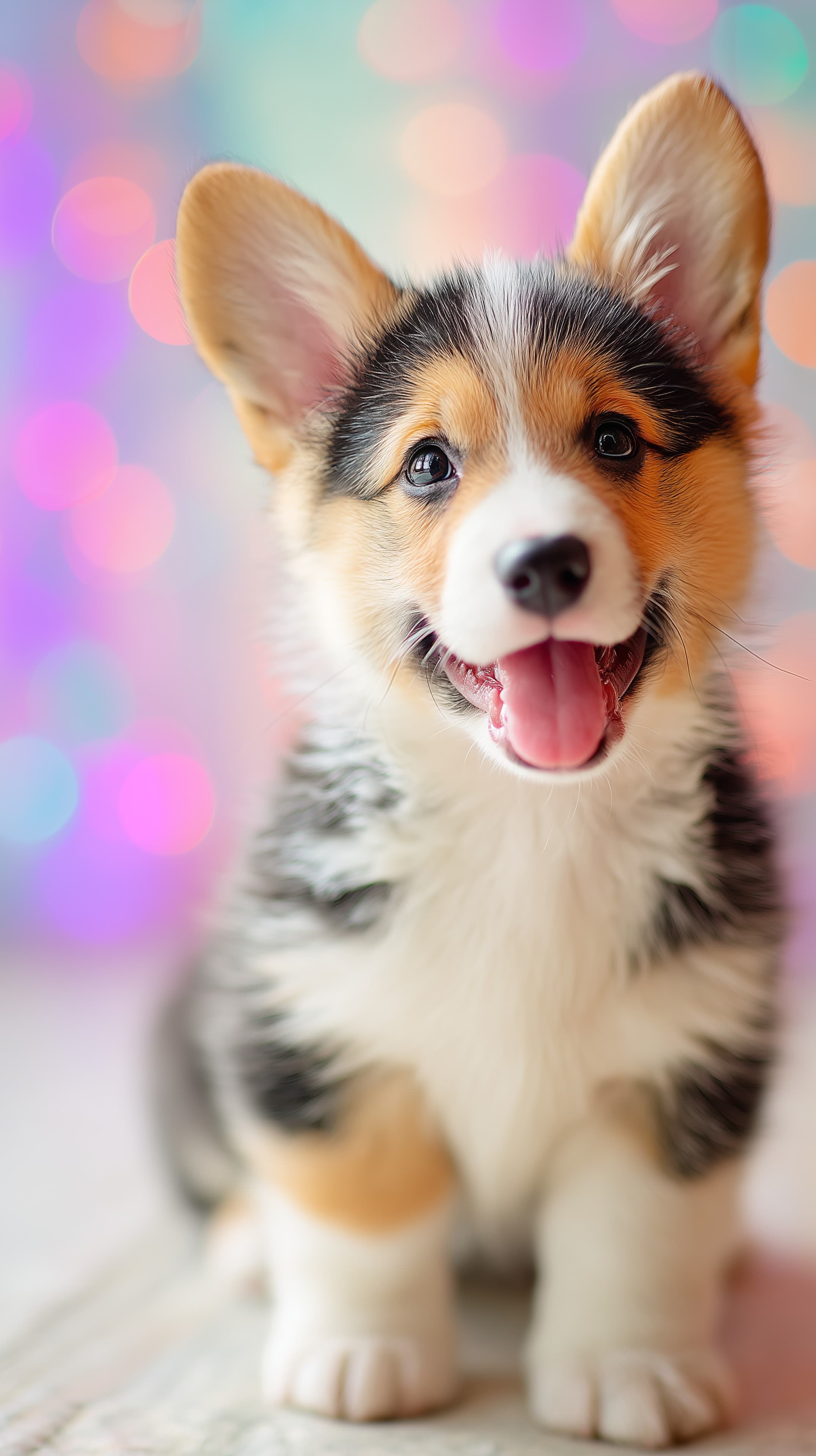 Playful Corgi Puppy Portrait with Soft Pastel Bokeh - High Resolution animal-portrait Wallpaper for Mobile and Desktop