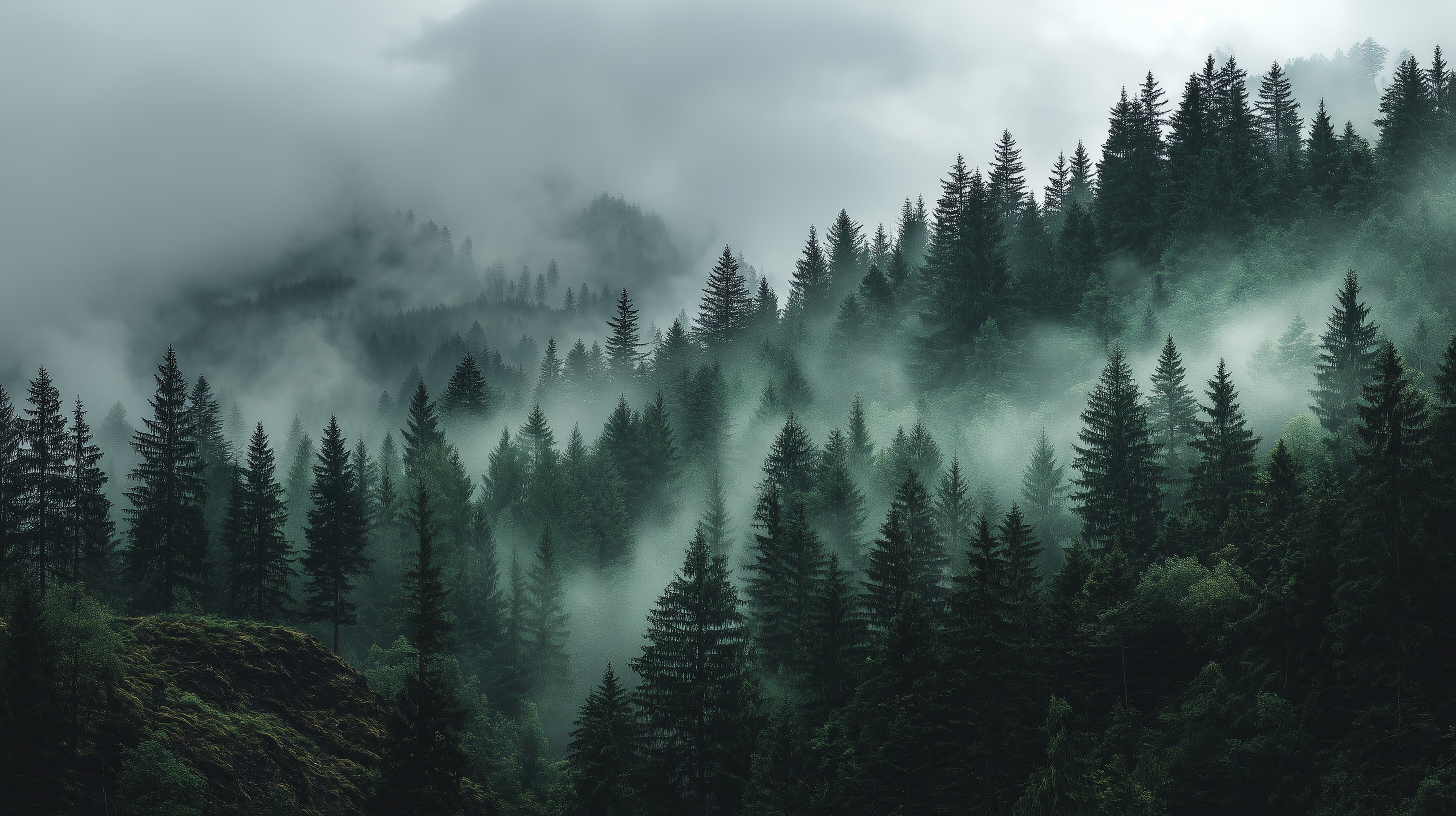 Misty Forest Landscape with Foggy Pines and Quiet Light - High Resolution forest Wallpaper for Mobile and Desktop