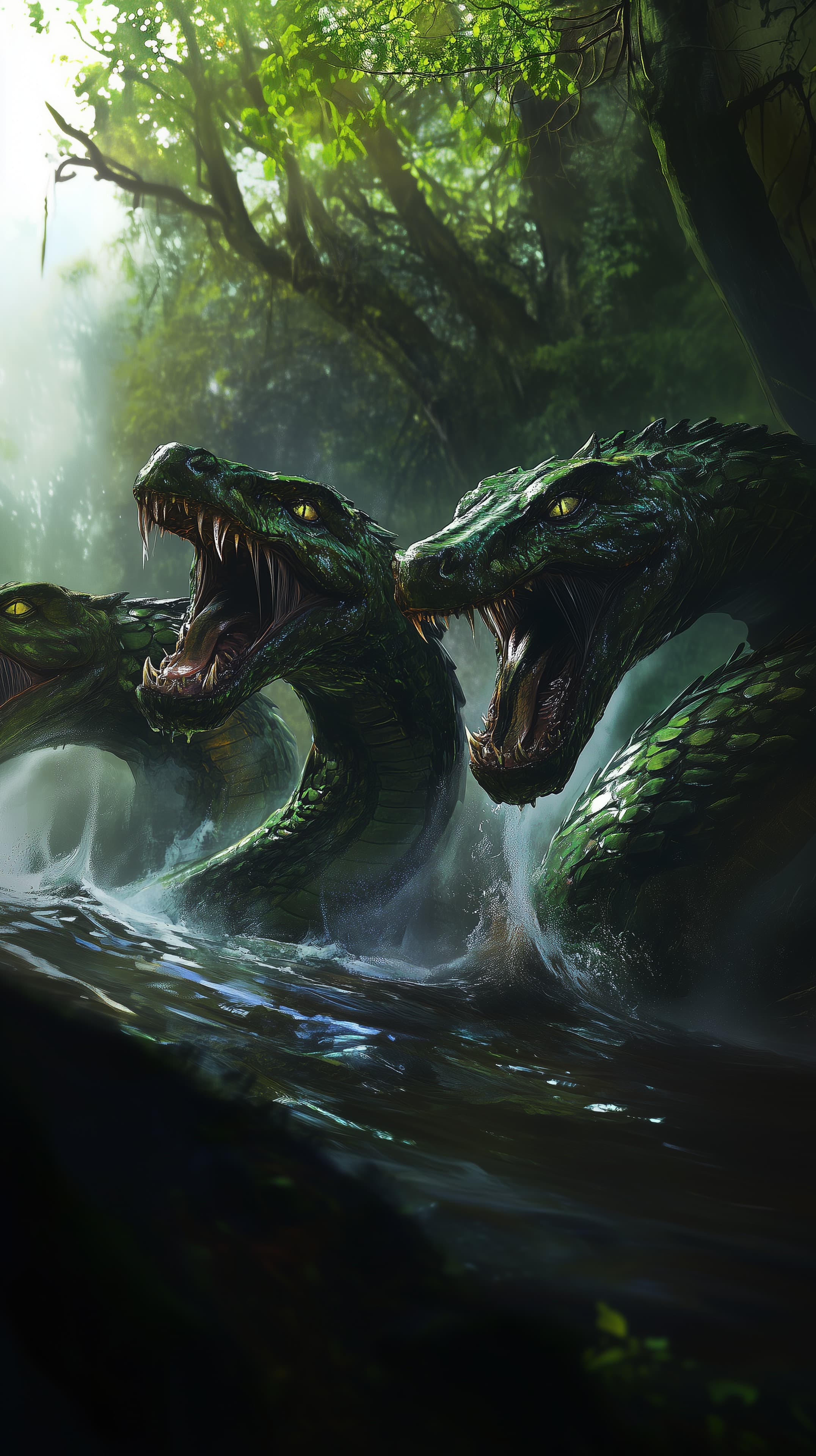 Verdant Forest Dragon Trio in a Misty Jungle Waterscape - High Resolution artwork Wallpaper for Mobile and Desktop