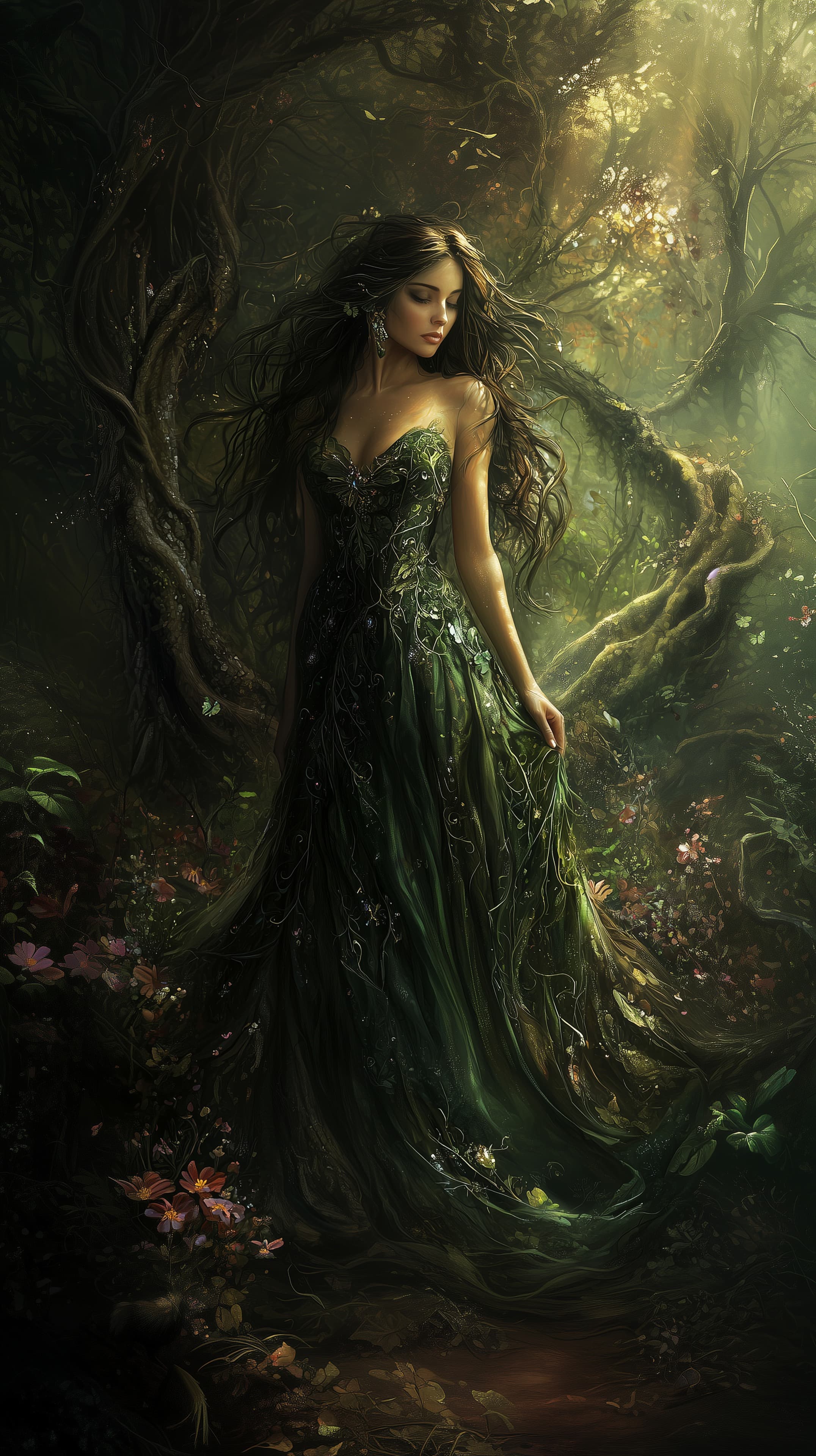 Enchanted Forest Maiden in an Emerald Gown - Fantasy Wallpaper - High Resolution digital-art Wallpaper for Mobile and Desktop