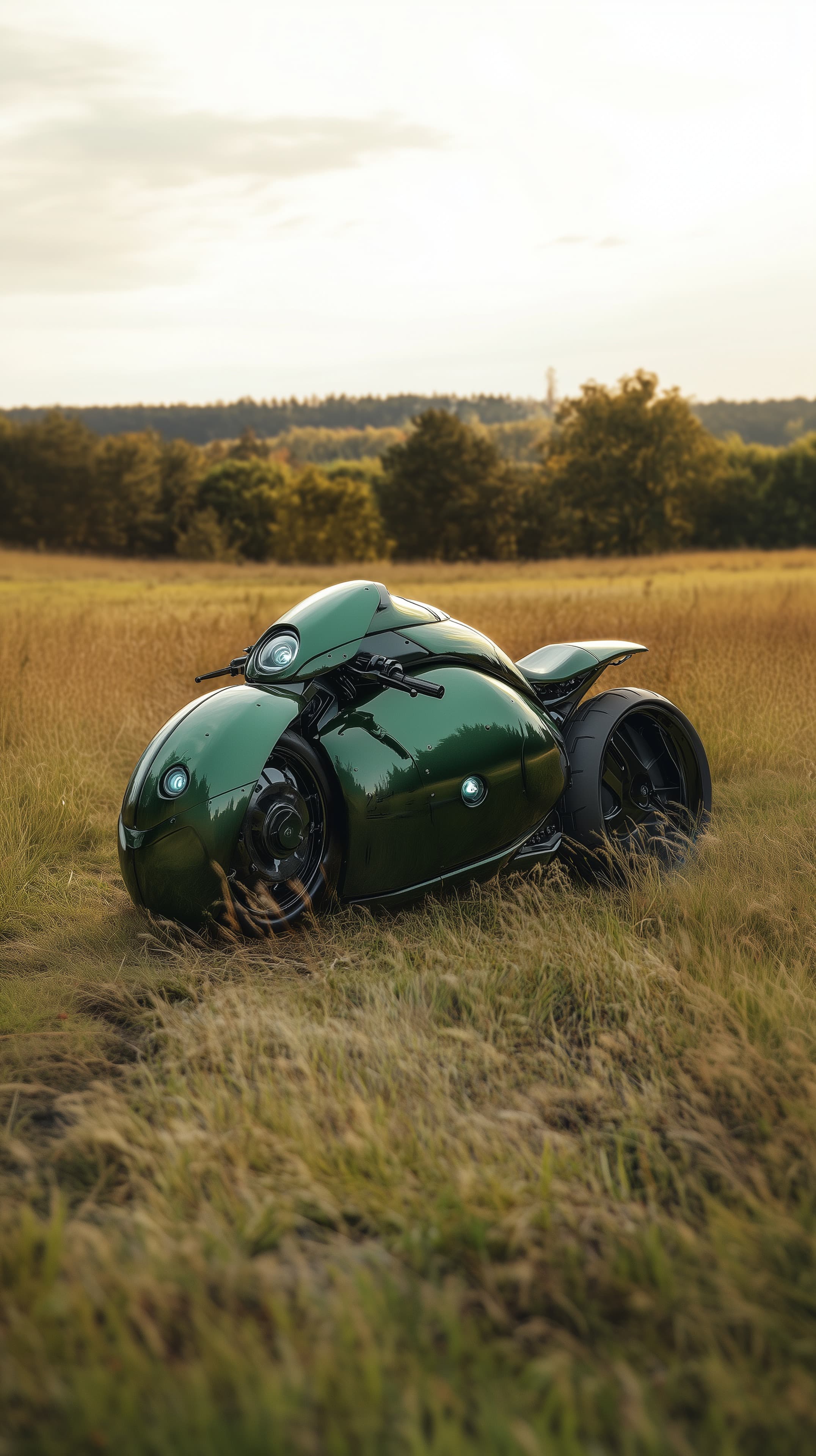 Glossy Green Futuristic Motorcycle in Sunset Field at Dusk - High Resolution green-motorcycle Wallpaper for Mobile and Desktop