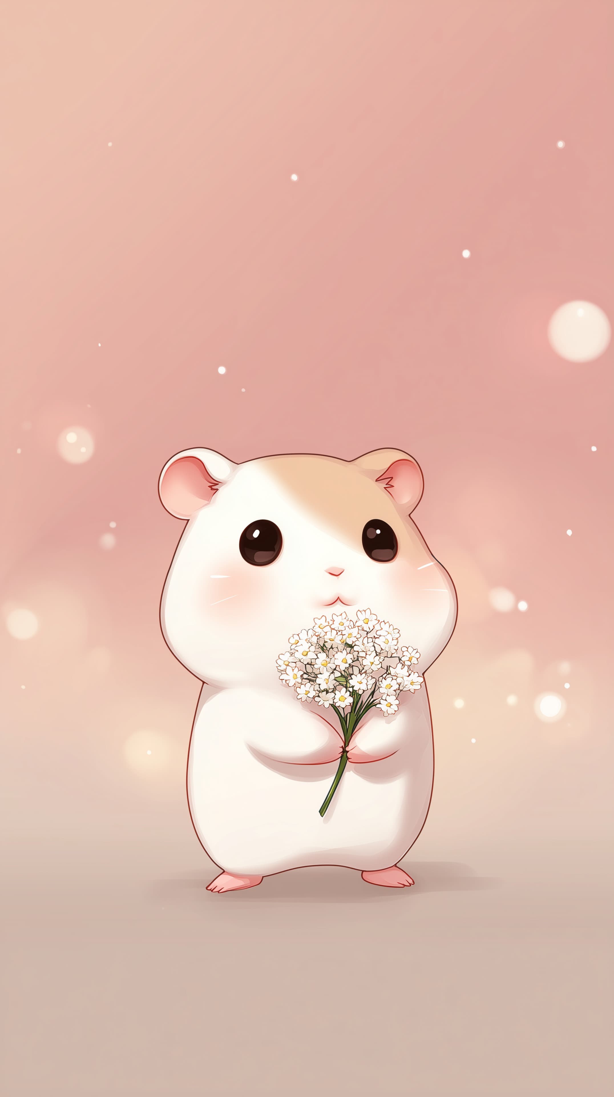 Cute Hamster Holding White Flowers on Soft Pink Wallpaper - High Resolution bokeh Wallpaper for Mobile and Desktop