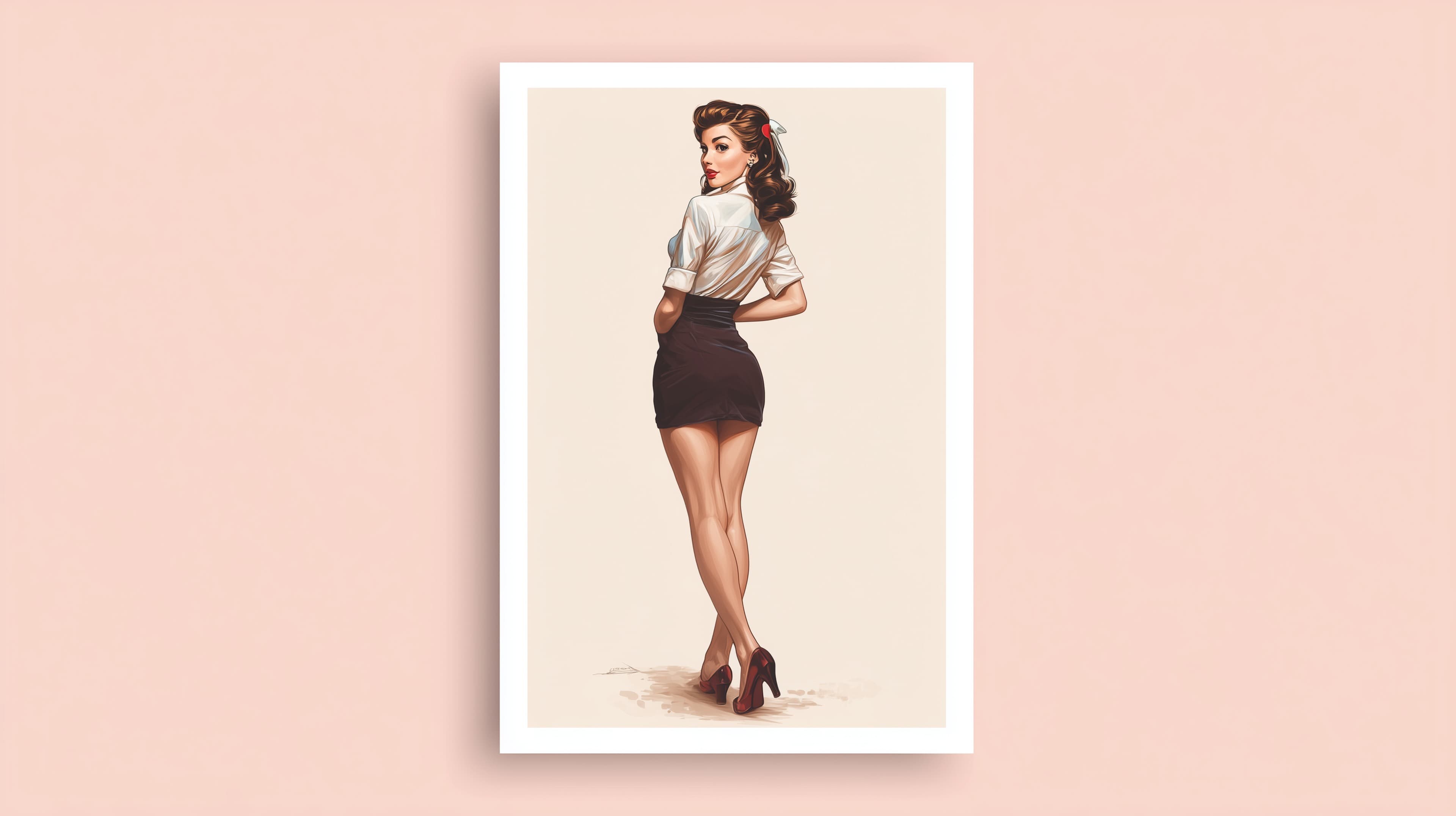 Retro pinup Illustration: Woman in white blouse and black miniskirt - High Resolution black-miniskirt Wallpaper for Mobile and Desktop