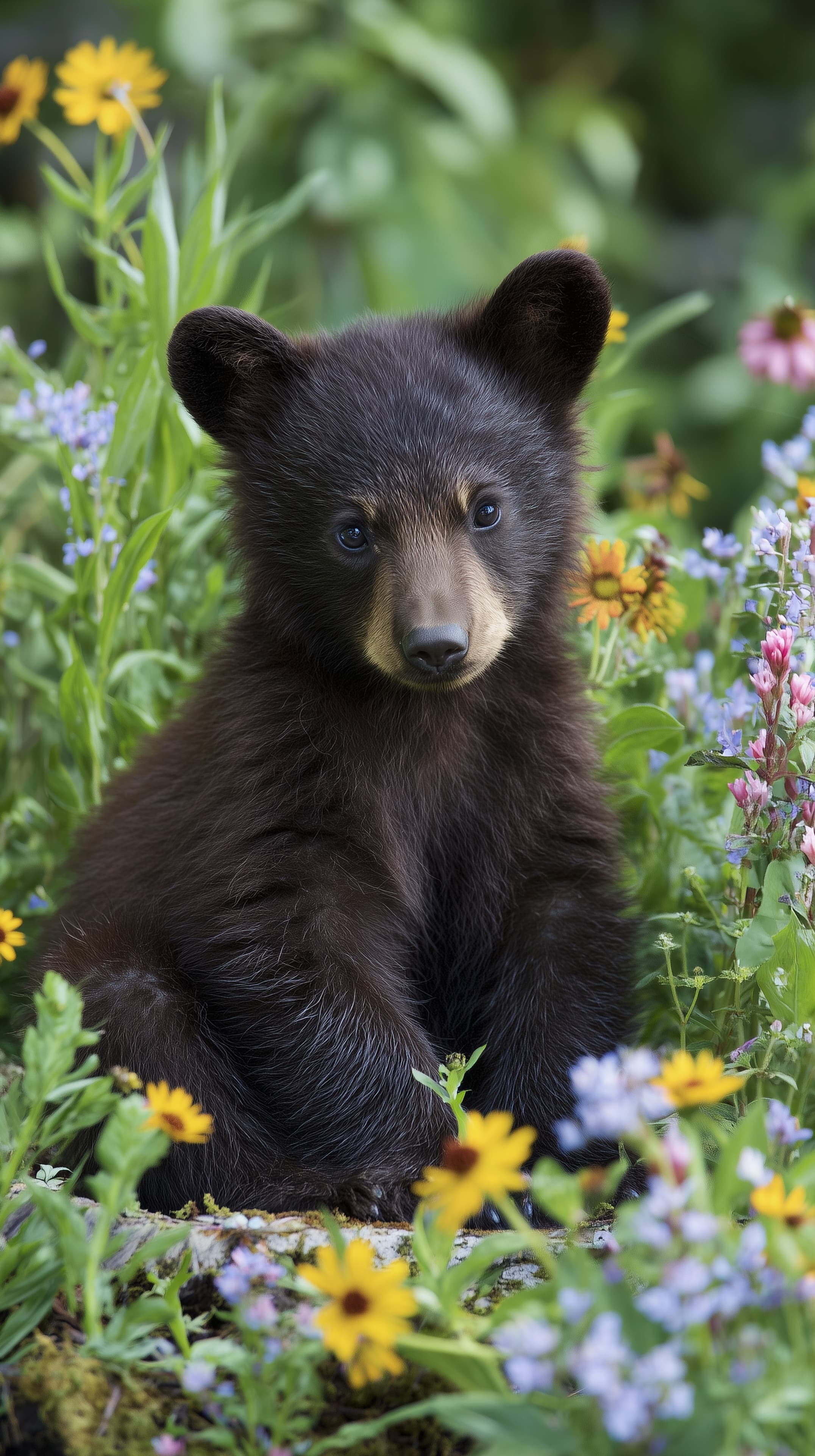 Adorable black bear cub in a colorful wildflower garden scene - High Resolution bear-cub Wallpaper for Mobile and Desktop