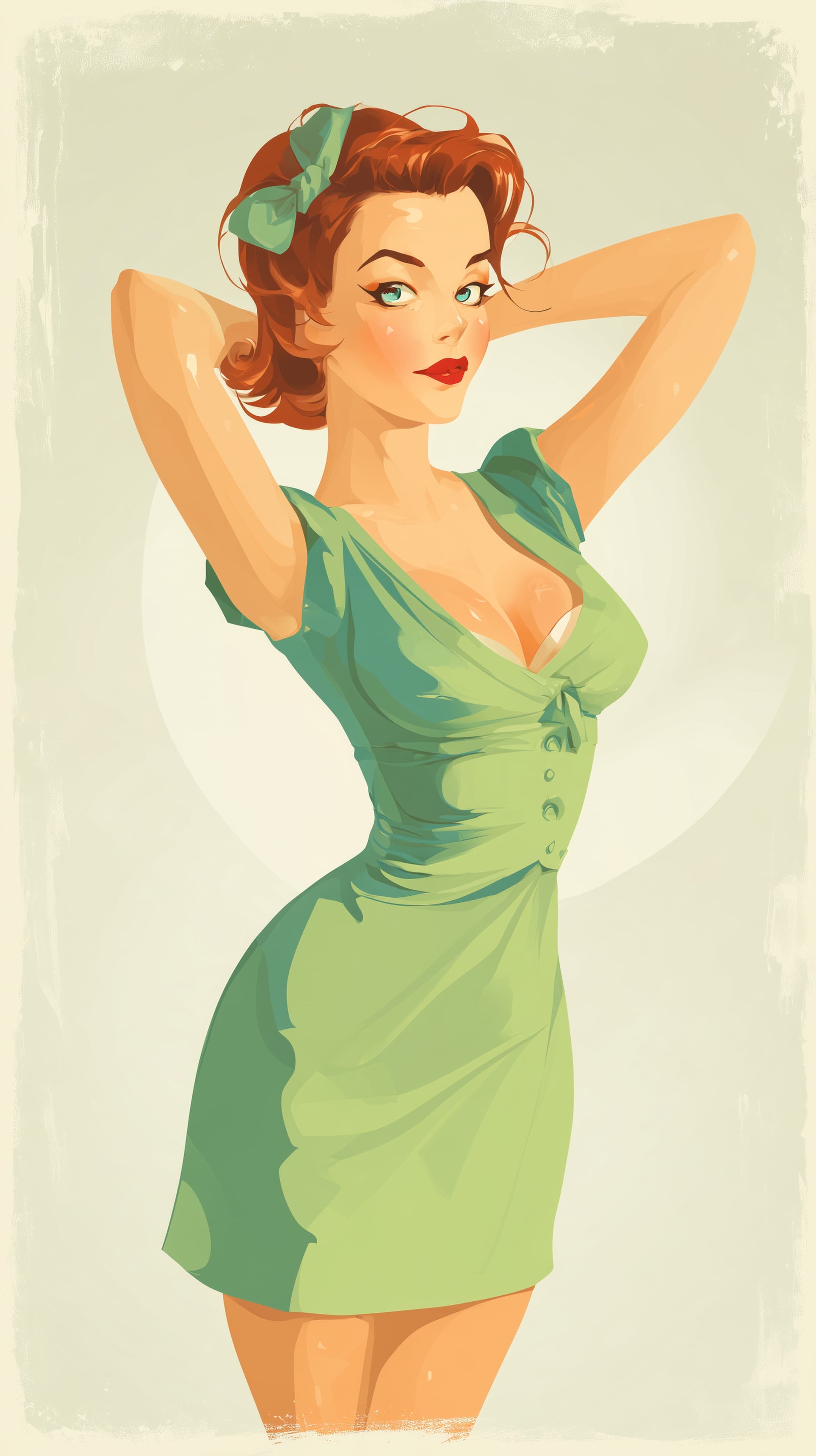 Vintage Pin-Up Girl in Green Dress — Retro Illustration Wallpaper - High Resolution classic-beauty Wallpaper for Mobile and Desktop