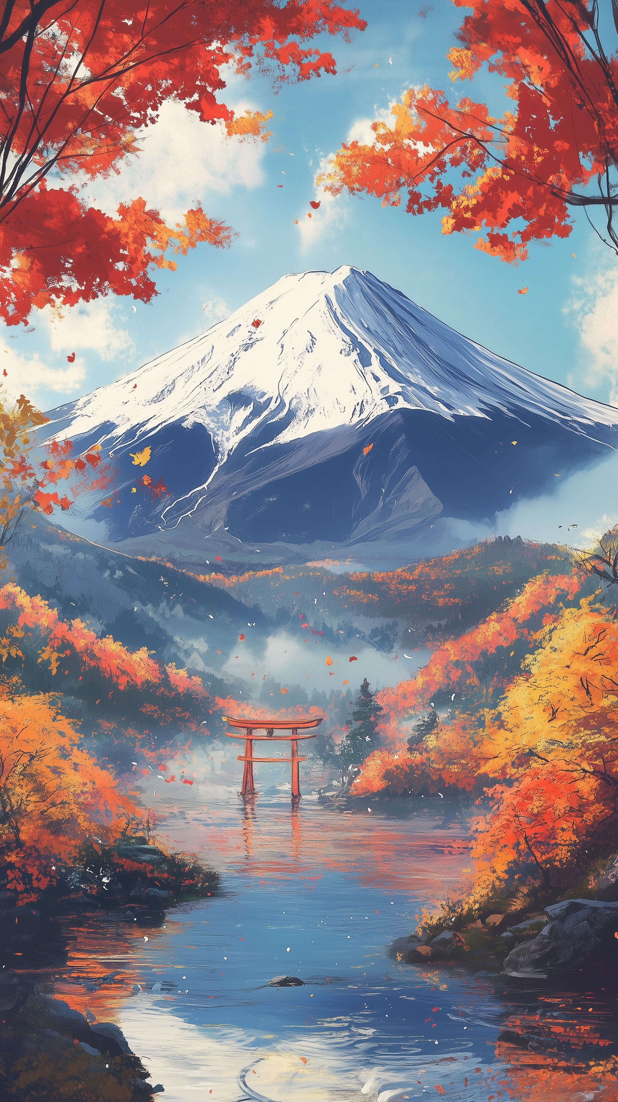 Autumn Mountain Landscape with Snowy Peak and Torii Gate - High Resolution autumn Wallpaper for Mobile and Desktop