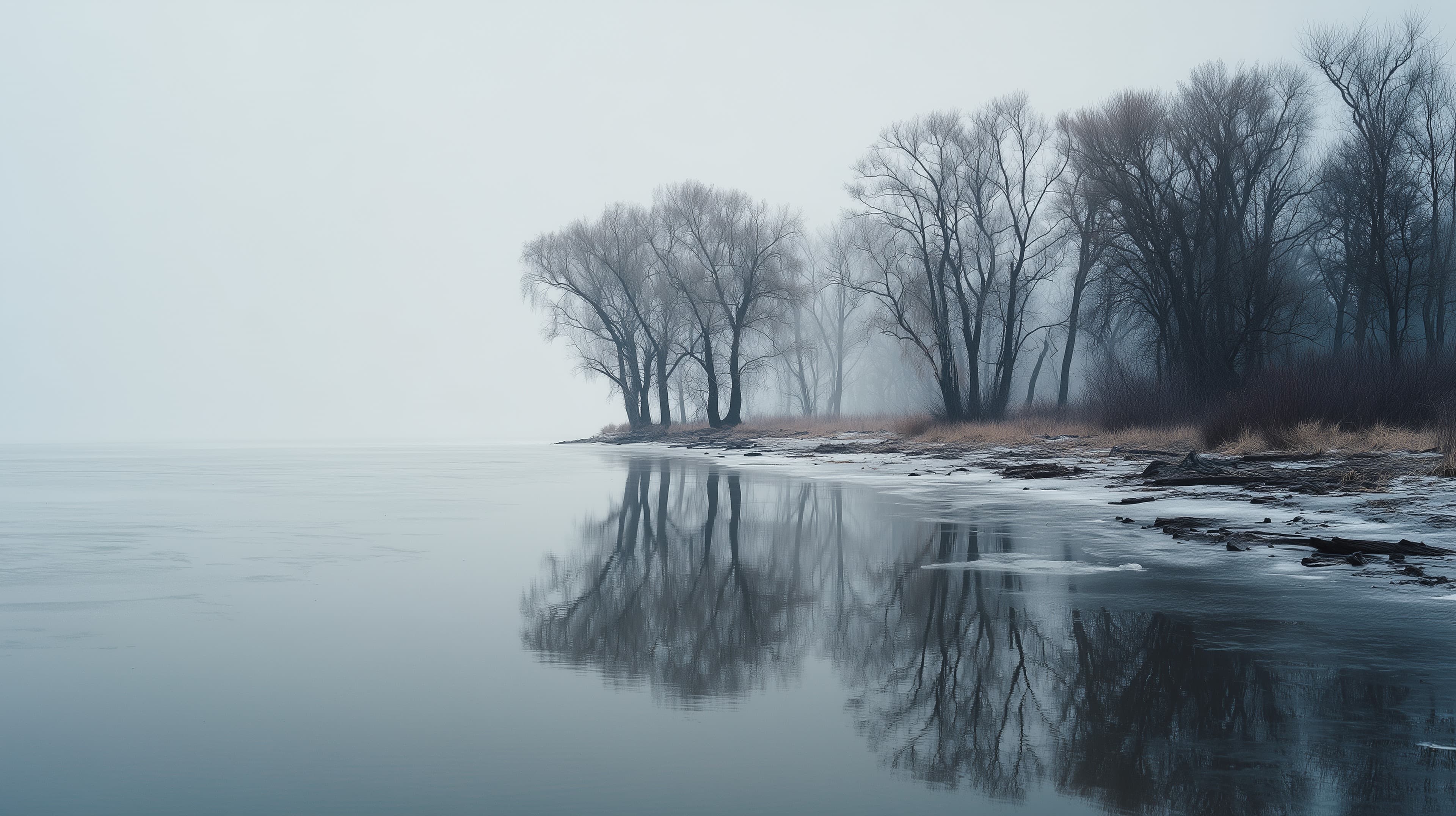 Mist-covered Lakeside Trees in Winter — Serene Reflection - High Resolution calm Wallpaper for Mobile and Desktop