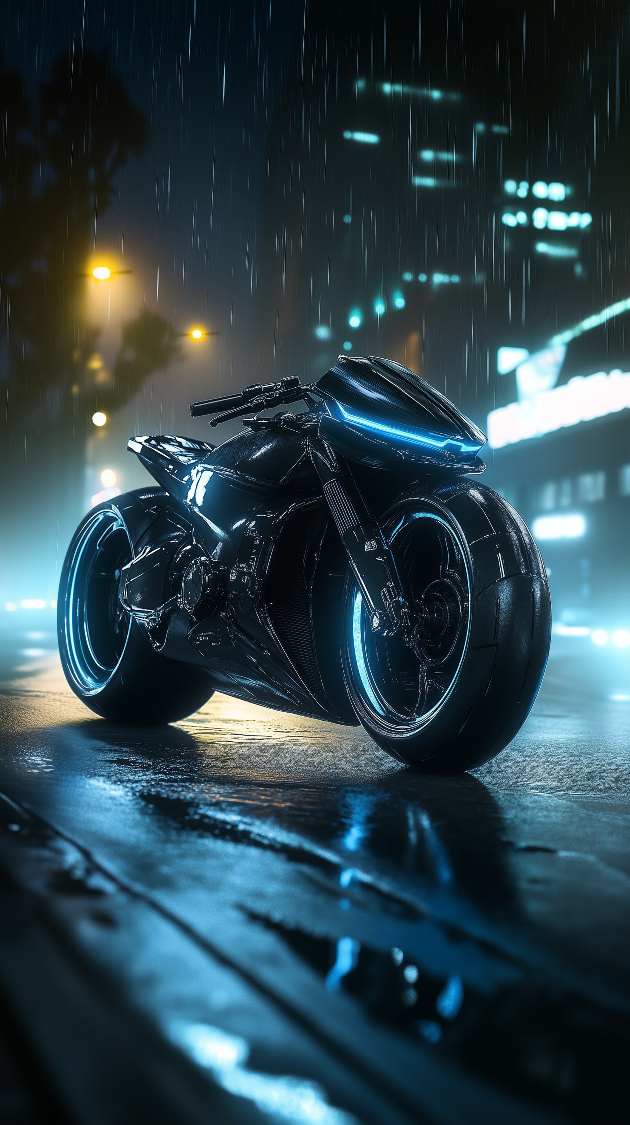 Futuristic Neon Motorcycle in a Rainy Night City Street - High Resolution blue-glow Wallpaper for Mobile and Desktop