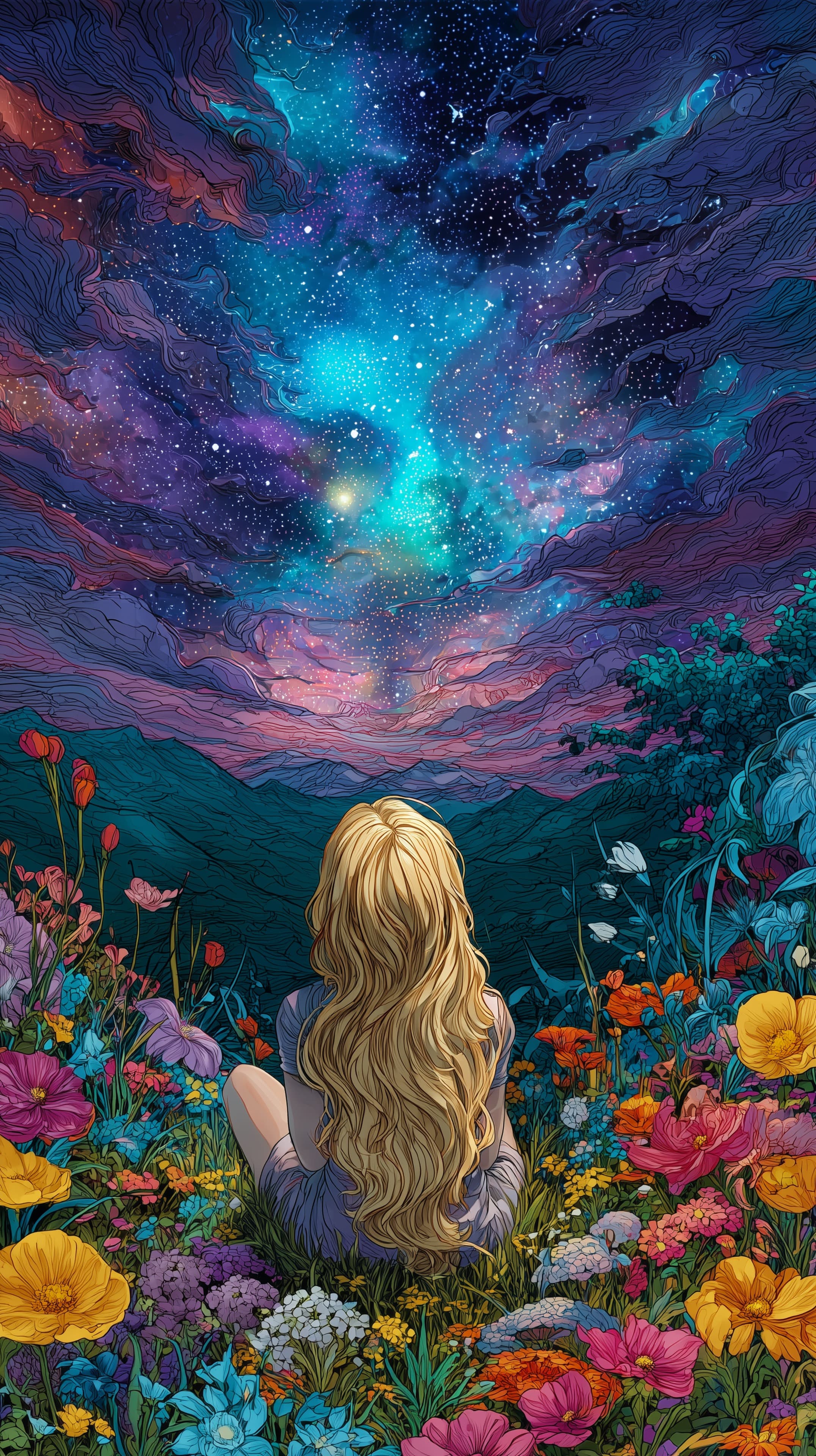 Dreamy Galaxy Sky Over a Colorful Flower Field Wallpaper - High Resolution cosmic-night Wallpaper for Mobile and Desktop
