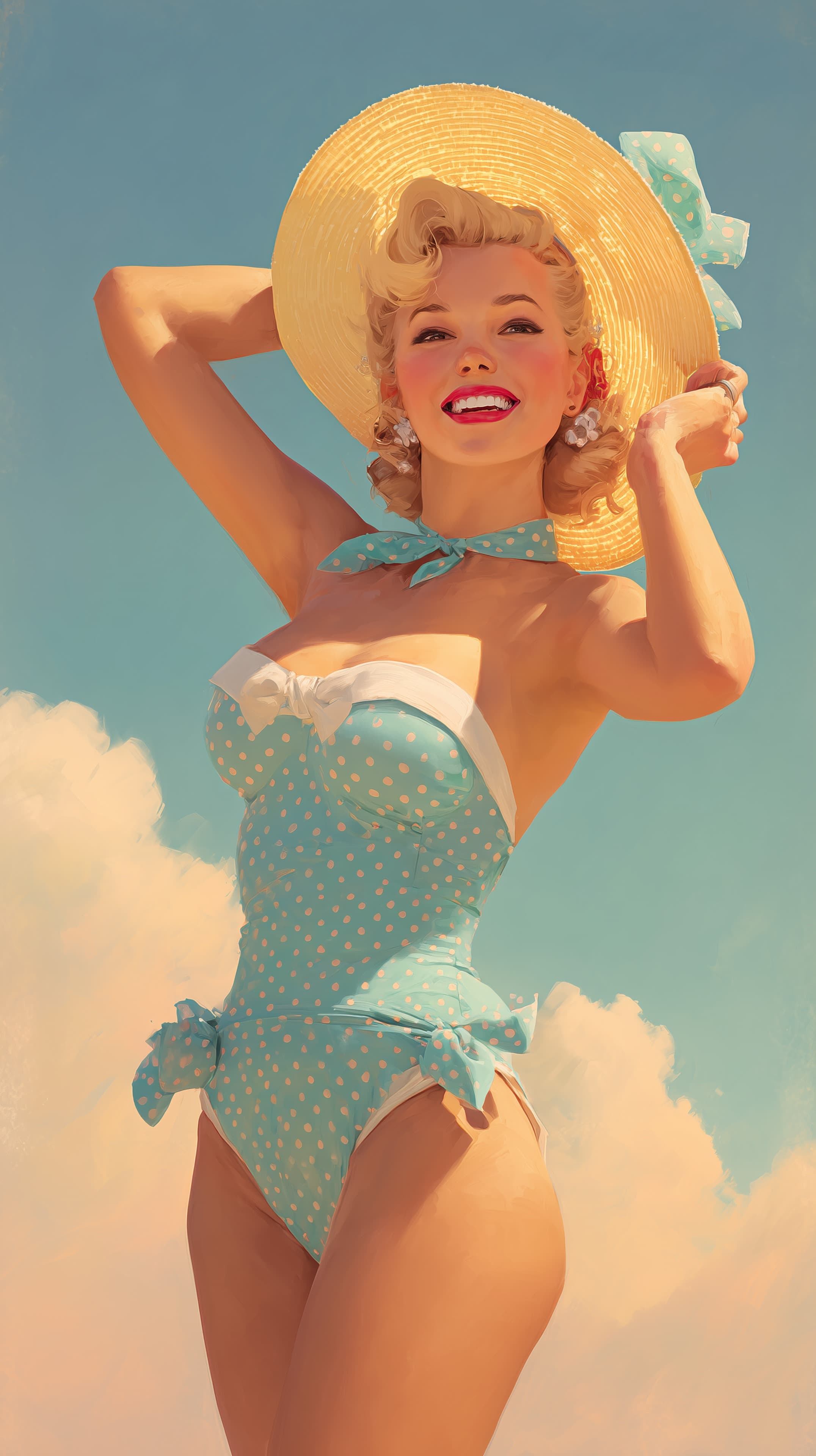 Retro Pin-Up in Turquoise Polka Dot Swimsuit Under Sunhat - High Resolution beach Wallpaper for Mobile and Desktop