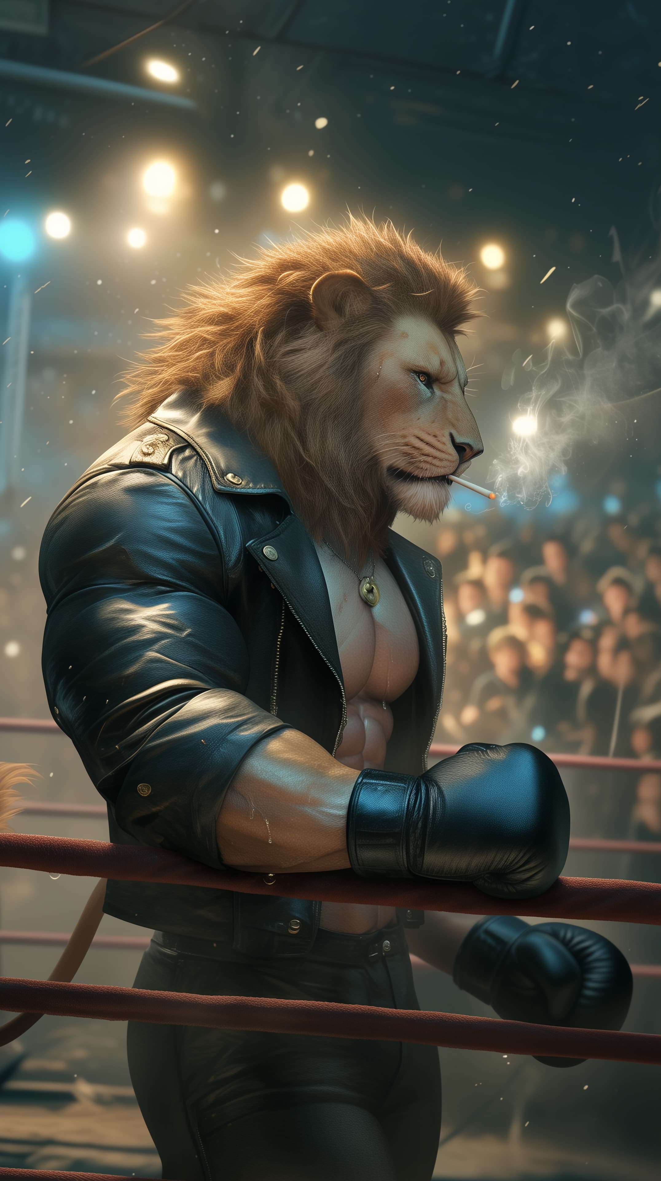 Anthropomorphic Lion Boxer in Leather Jacket - Neon Arena - High Resolution 3d-render Wallpaper for Mobile and Desktop