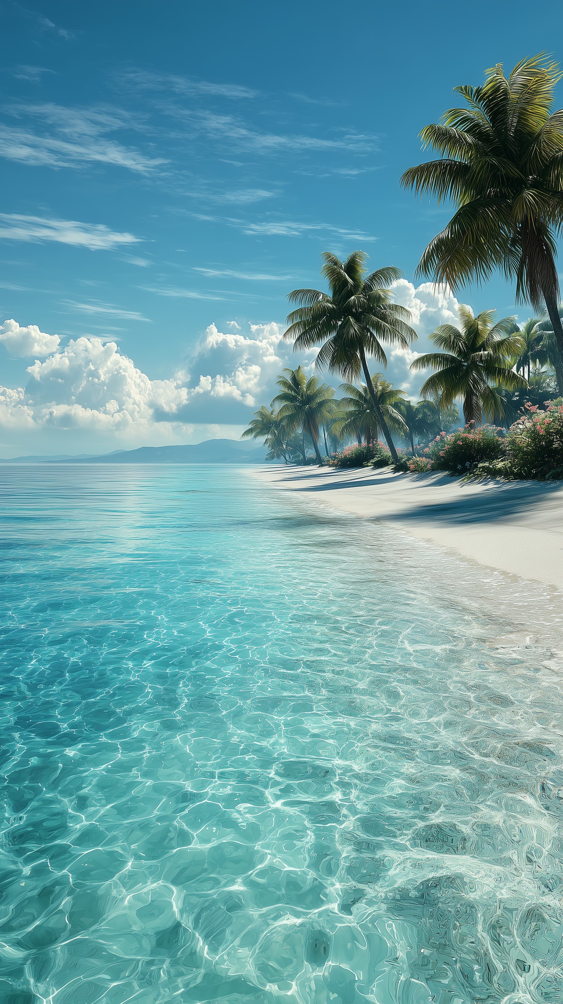 Tropical Beach with Palm Trees and Crystal Clear Water - High Resolution blue-sky Wallpaper for Mobile and Desktop
