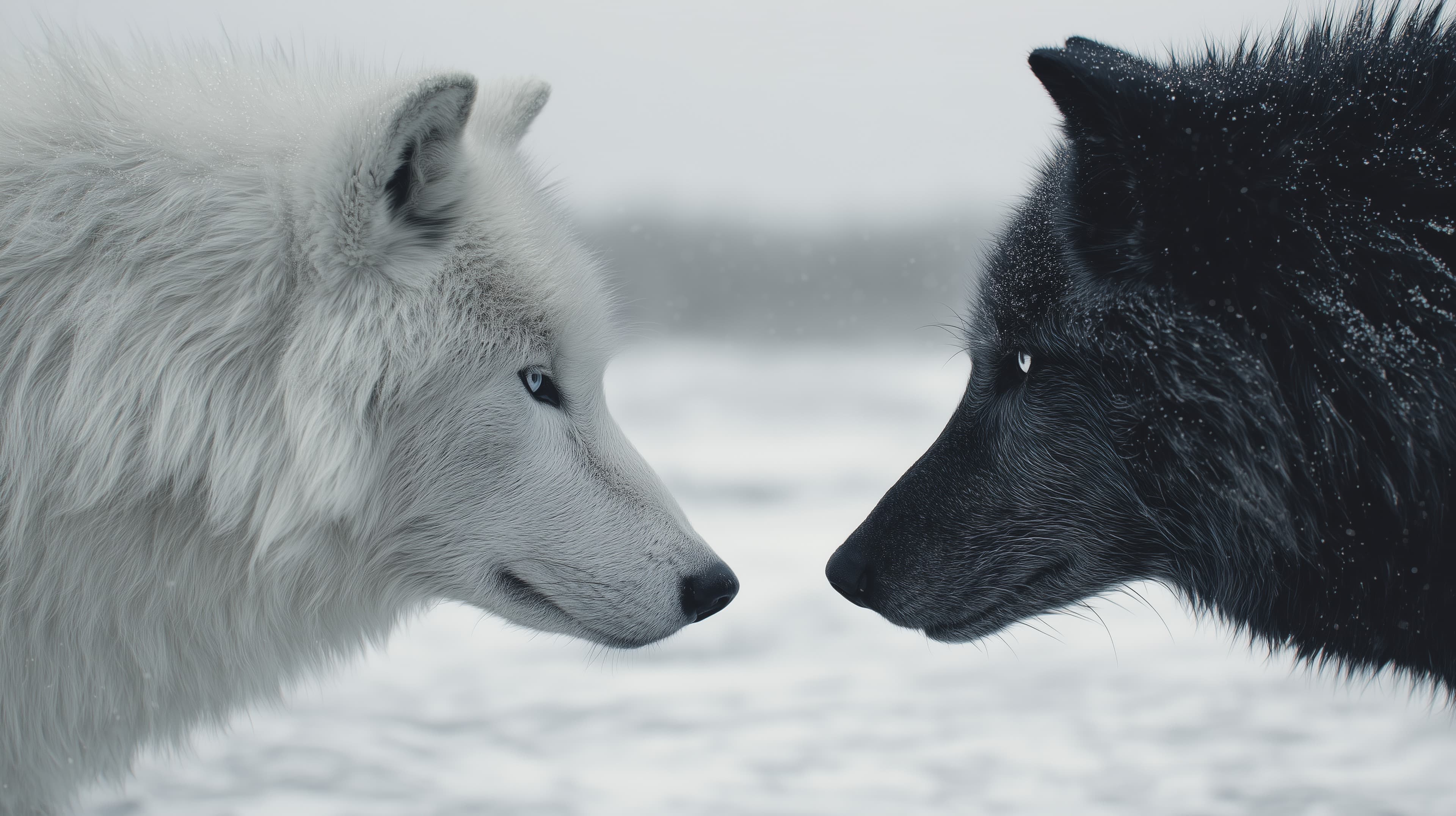 Snowbound Wolves in Winter: White and Black Face-Off - High Resolution white-wolf Wallpaper for Mobile and Desktop
