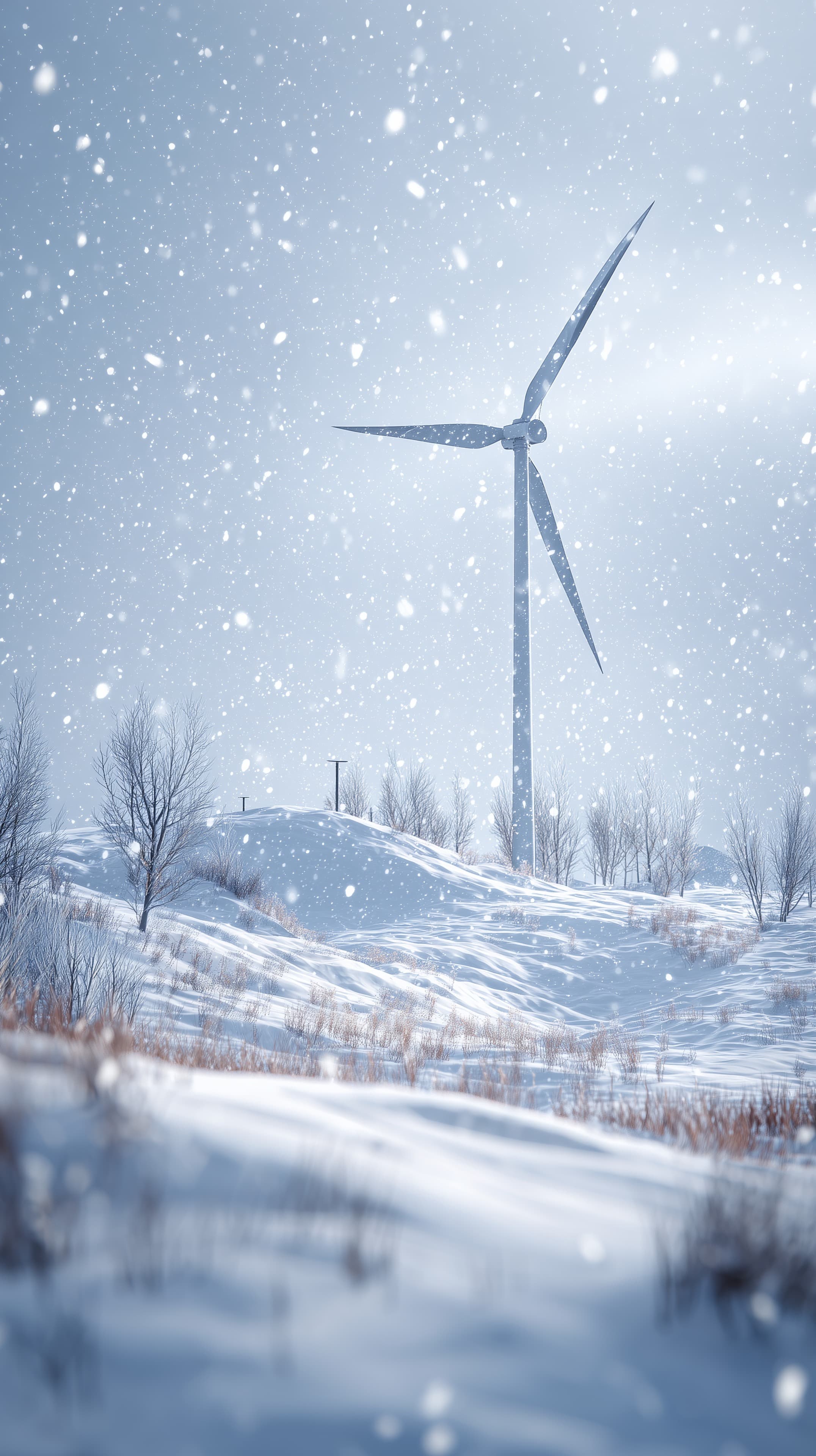 Tranquil Winter Landscape featuring a Tall Wind Turbine in Snow - High Resolution bare-trees Wallpaper for Mobile and Desktop