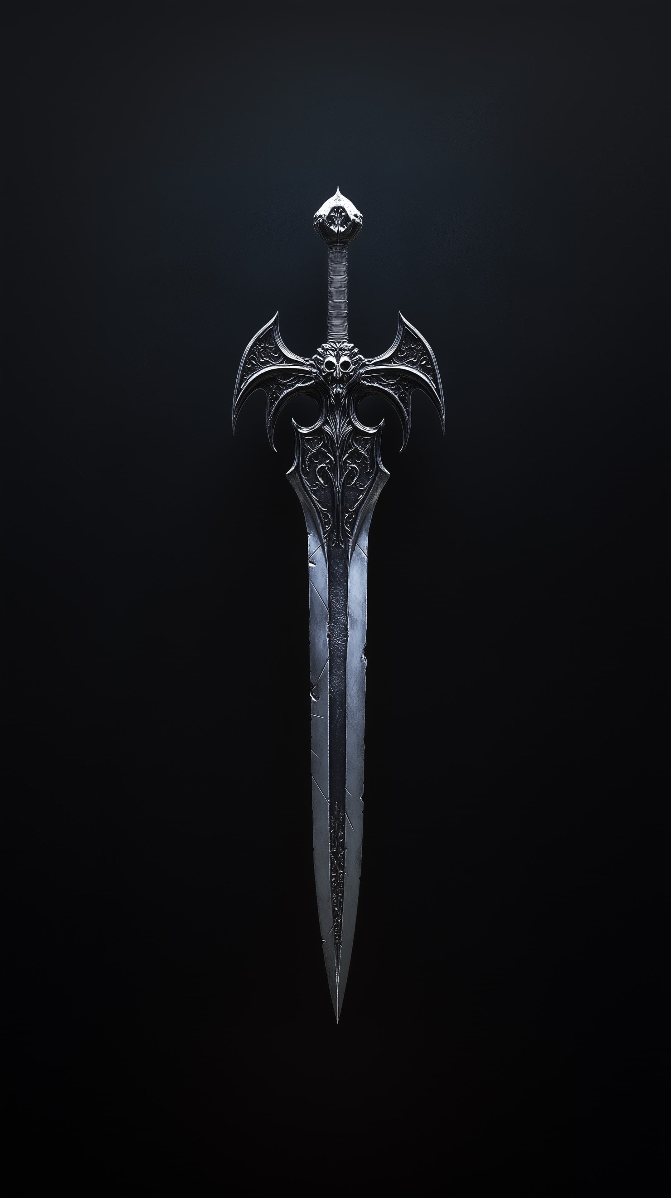 Dark Fantasy Sword with Batwing Crossguard and Skull Motif - High Resolution blade Wallpaper for Mobile and Desktop
