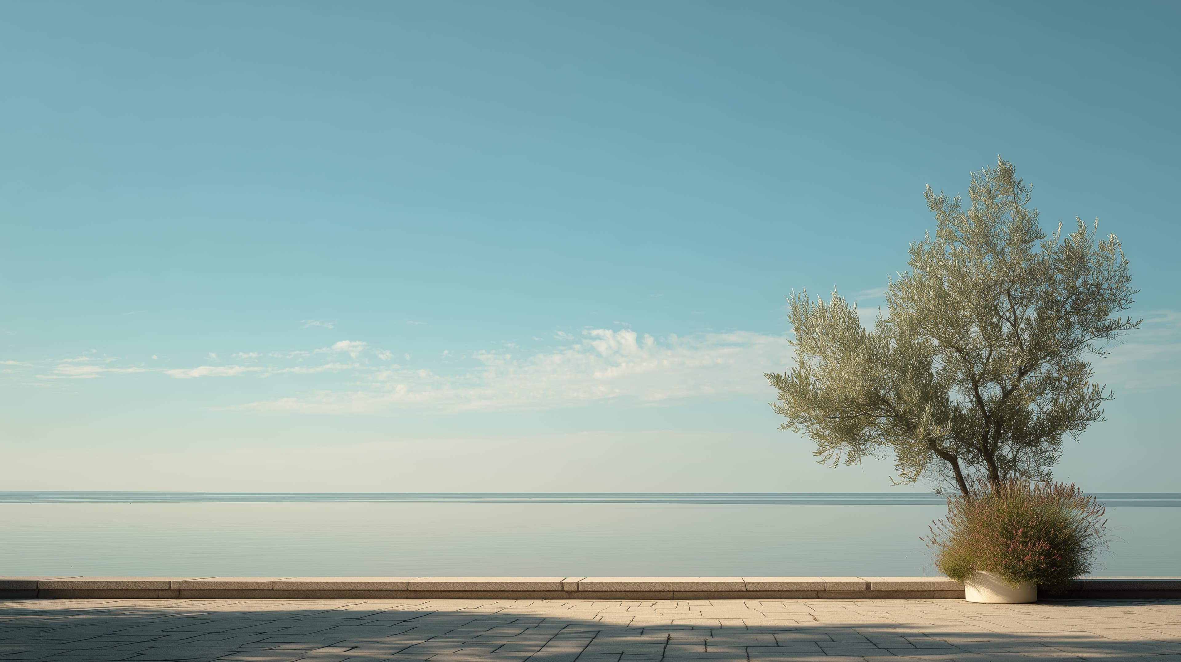 Tranquil Seaside Promenade with Calm Blue Sky and Wide Horizon - High Resolution blue-sky Wallpaper for Mobile and Desktop