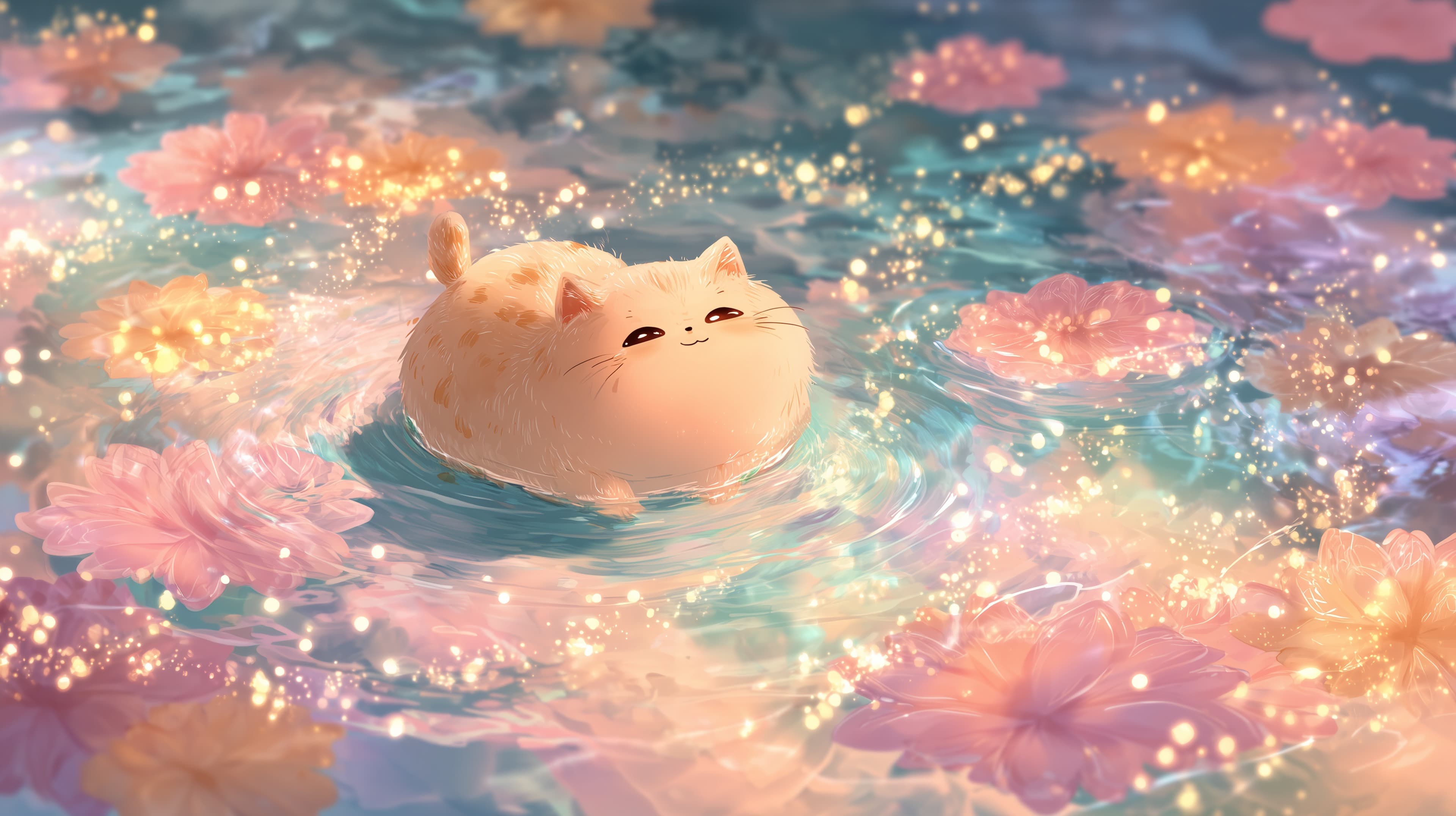 Pastel Cat Floating Among Sparkling Flowers in a Dreamy Scene - High Resolution cute-cat Wallpaper for Mobile and Desktop