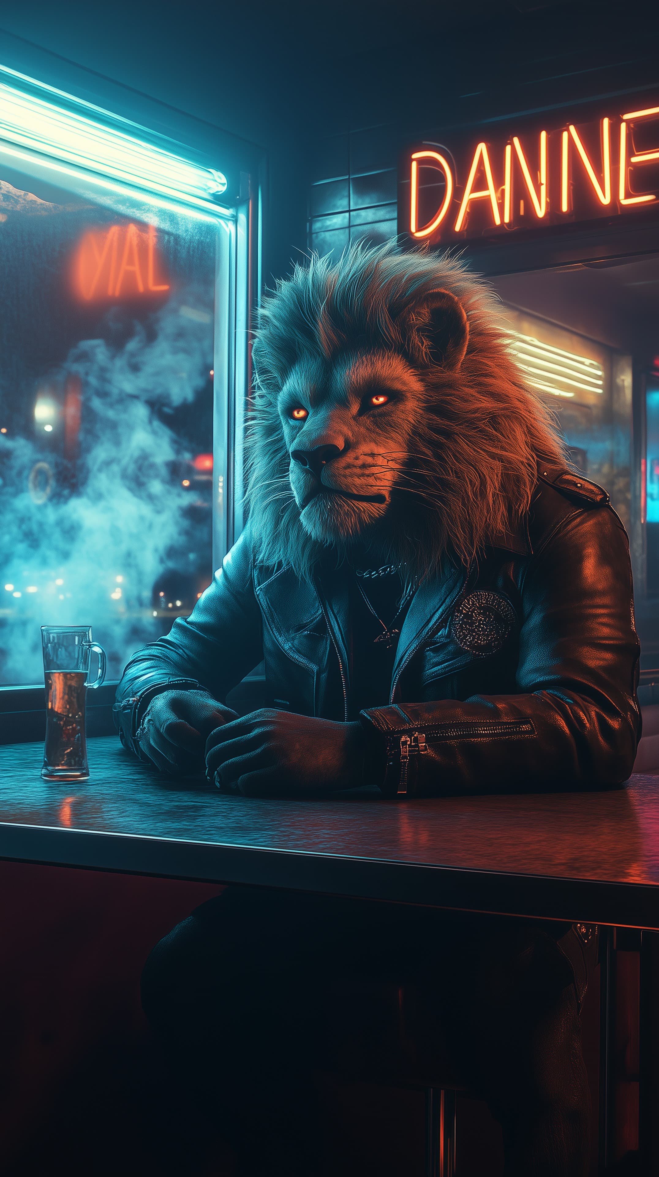 Neon-Drenched Lion Warrior at a Diner - Cyberpunk Portrait - High Resolution cyberpunk Wallpaper for Mobile and Desktop