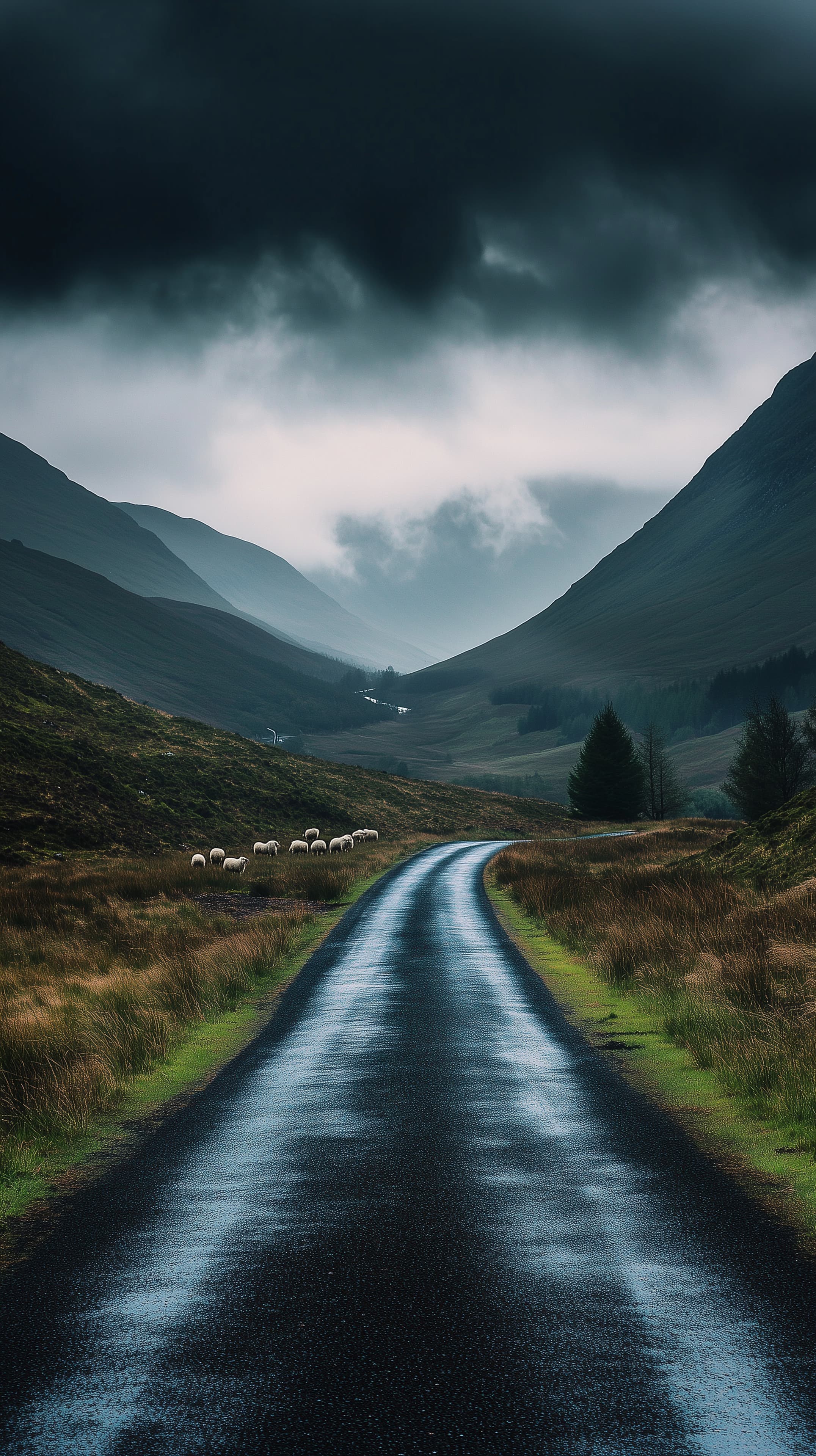 Moody valley road landscape under stormy skies at dusk - High Resolution landscape-photography Wallpaper for Mobile and Desktop